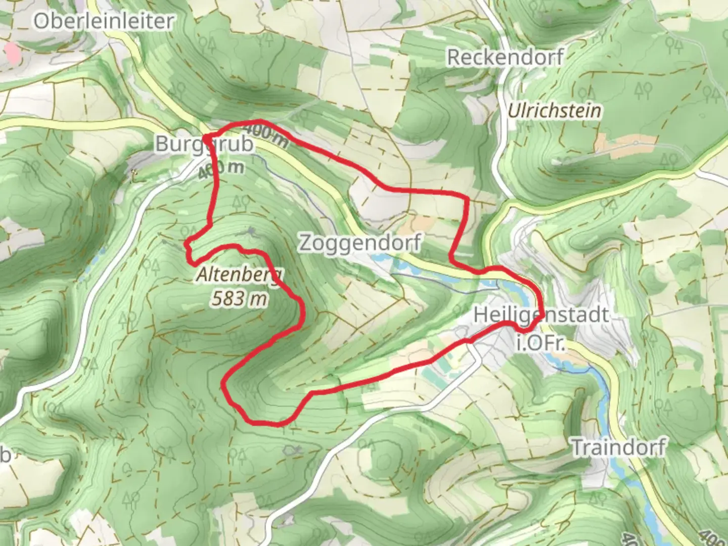 An image depicting the trail Frankenweg Teil, DAV Weg and Heiligenstadt Rundweg Zum Rothenstein and its surrounding area.