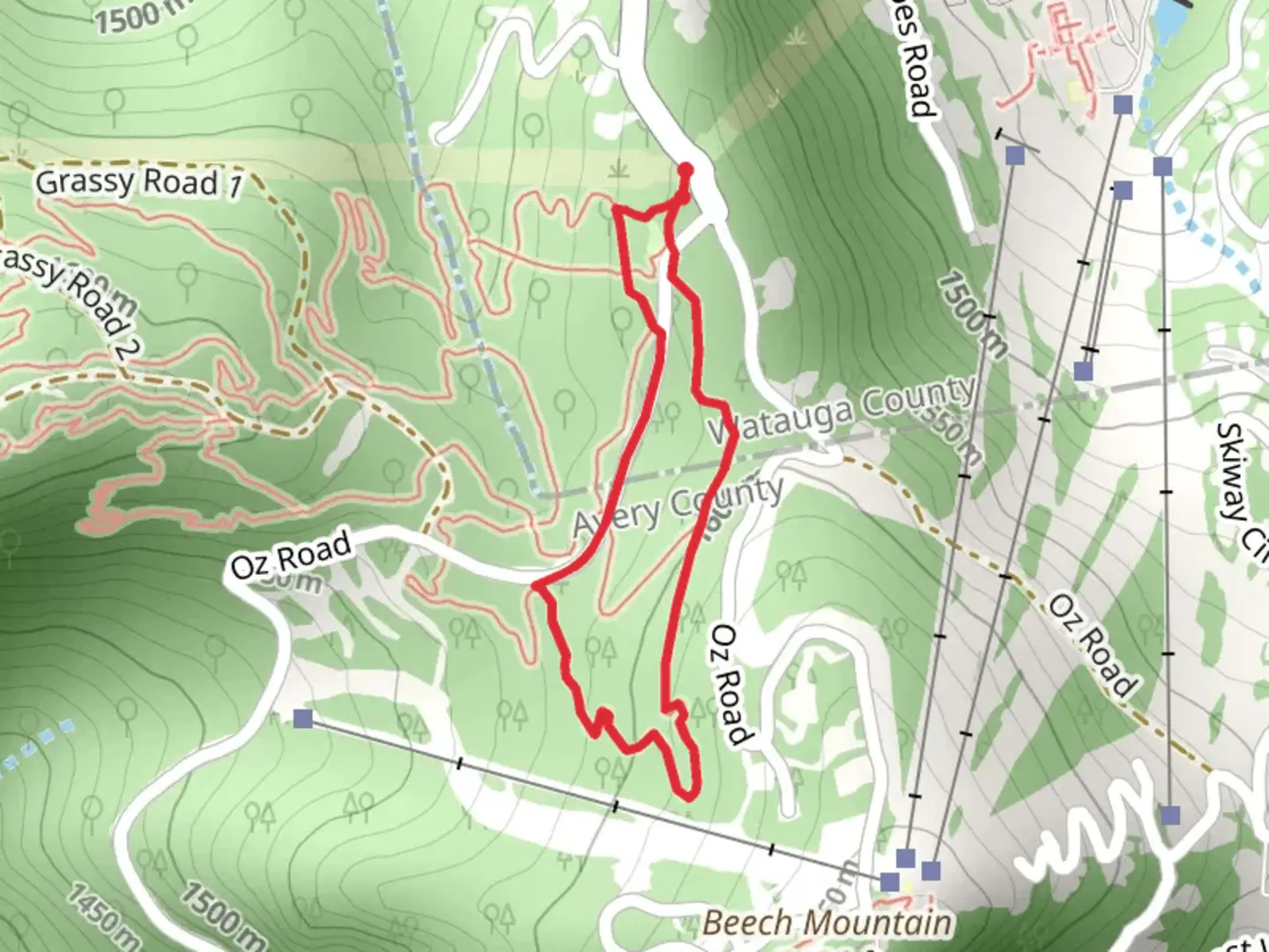 An image depicting the trail Oz Road Loop and its surrounding area.