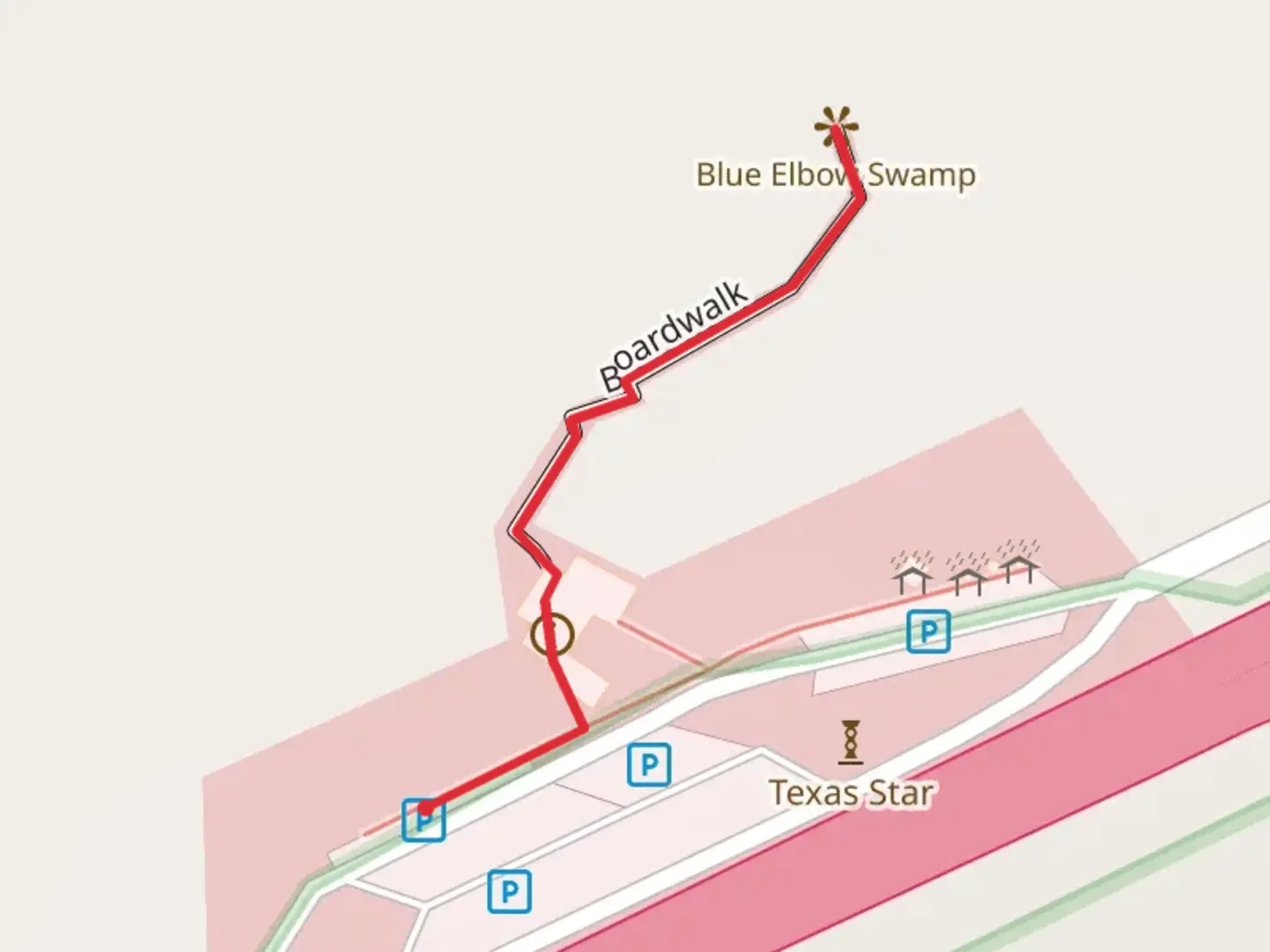 An image depicting the trail Boardwalk from Interstate Road and its surrounding area.