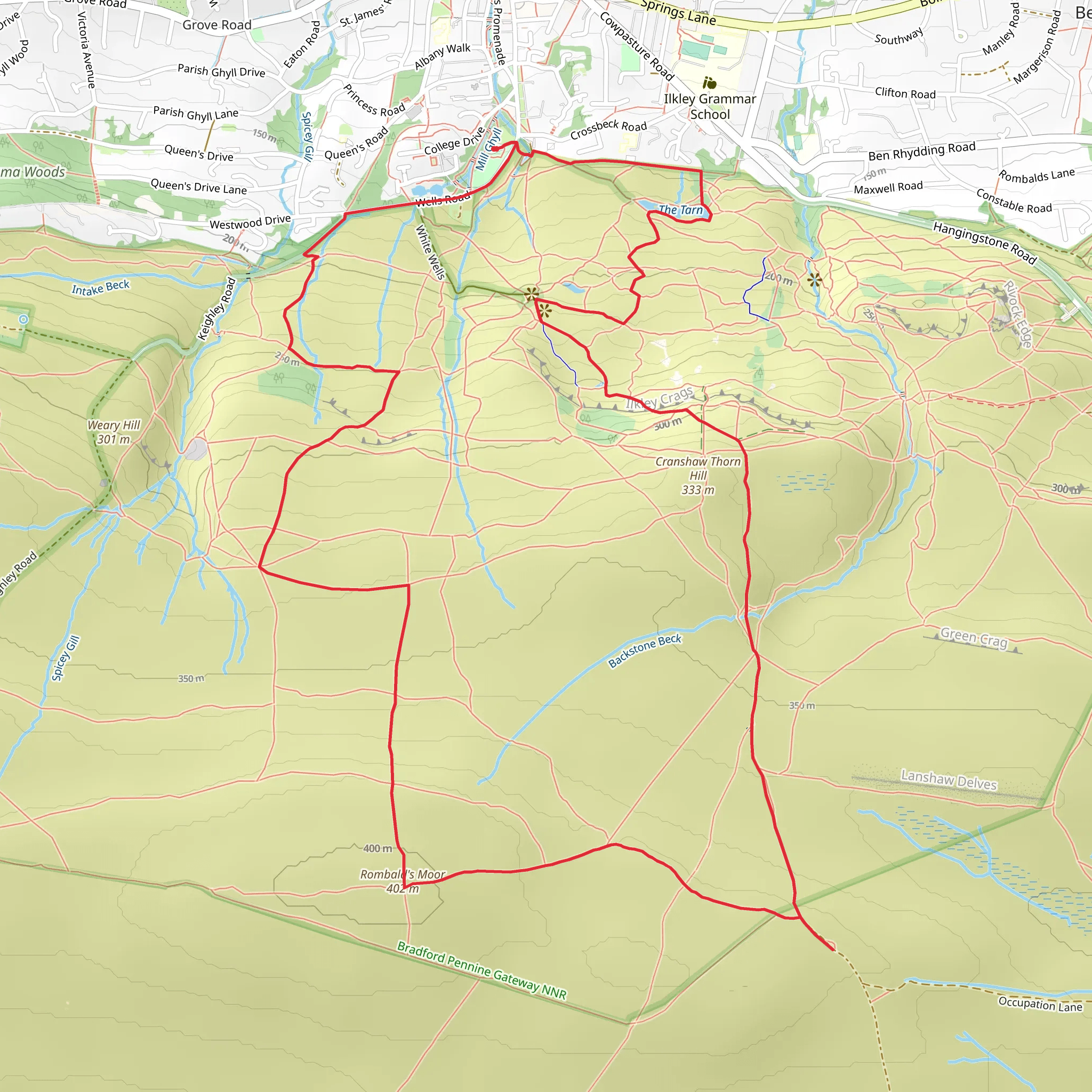 Ilkley Southern Loop via Badger Stone, Twelve Apostles and The Tarn mobile static map