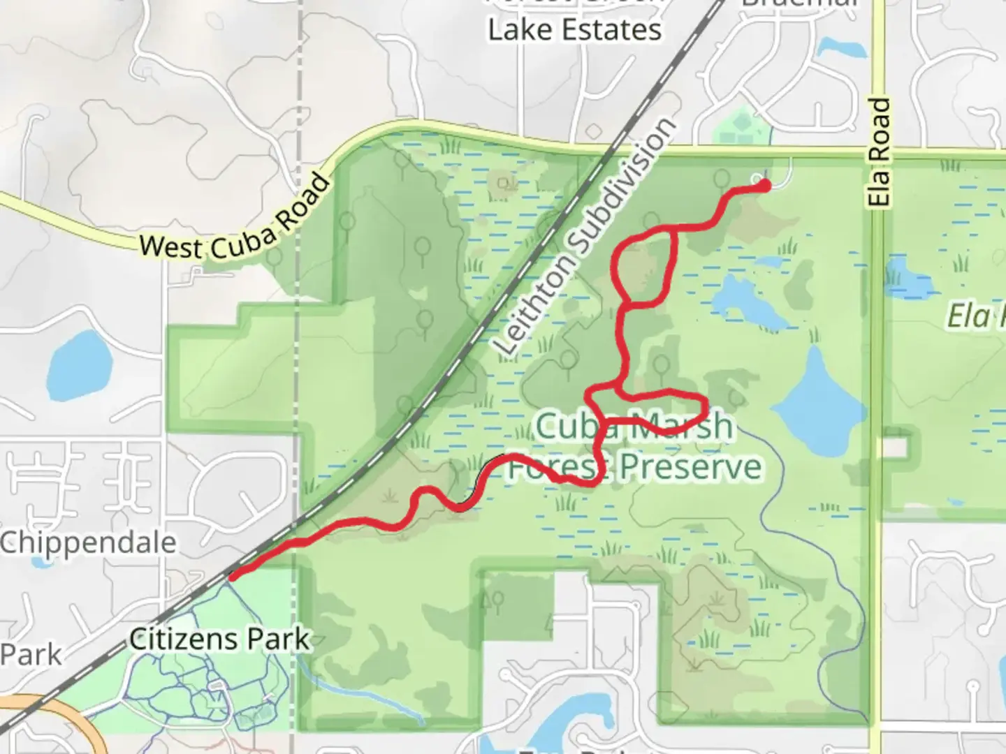An image depicting the trail Cuba Marsh Forest Preserve Loop and its surrounding area.