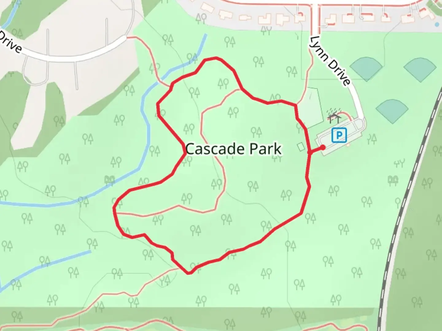 An image depicting the trail Cascade Park Loop and its surrounding area.