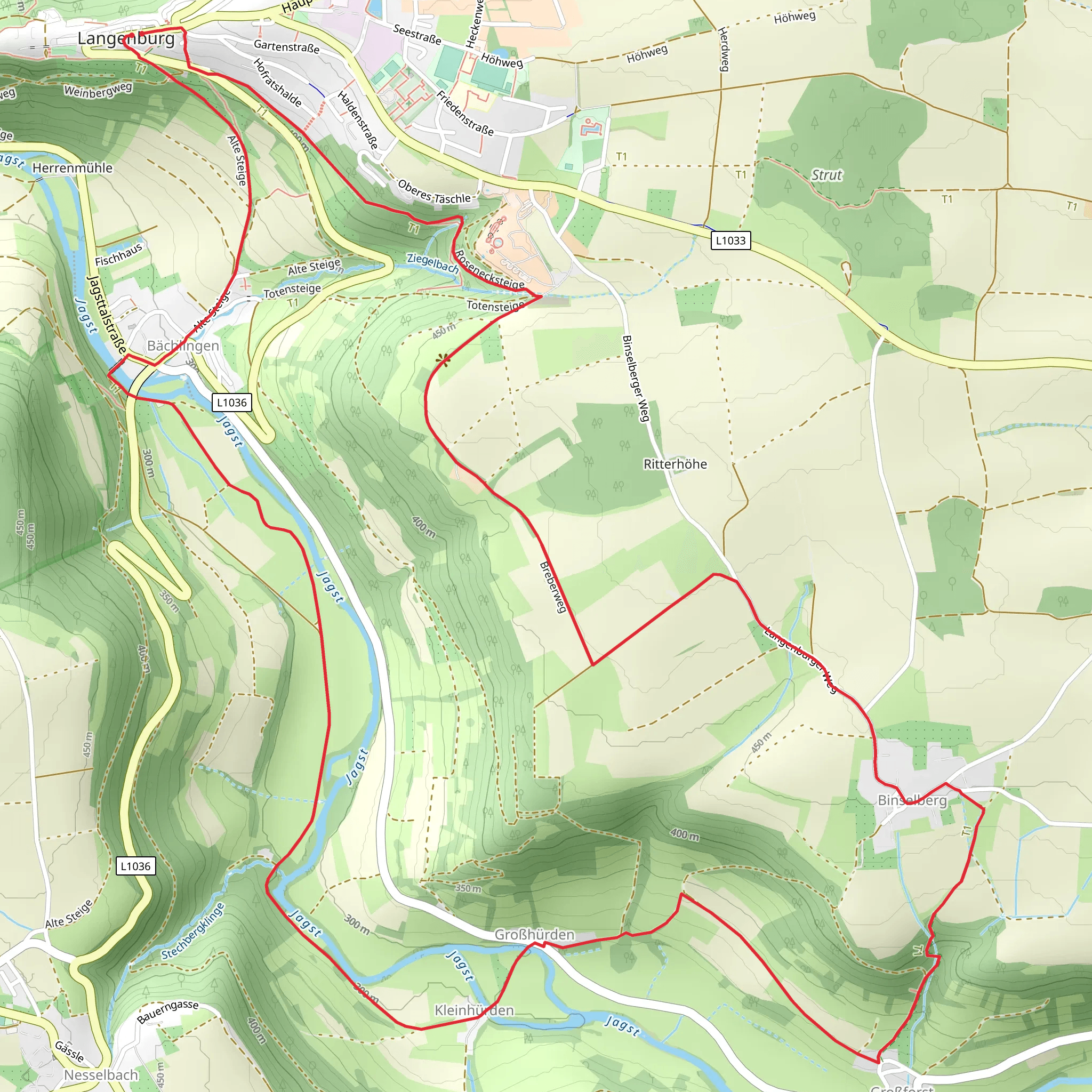 Jagst via Main Neckar Rhein Weg and Unterer Taeschlesweg mobile static map