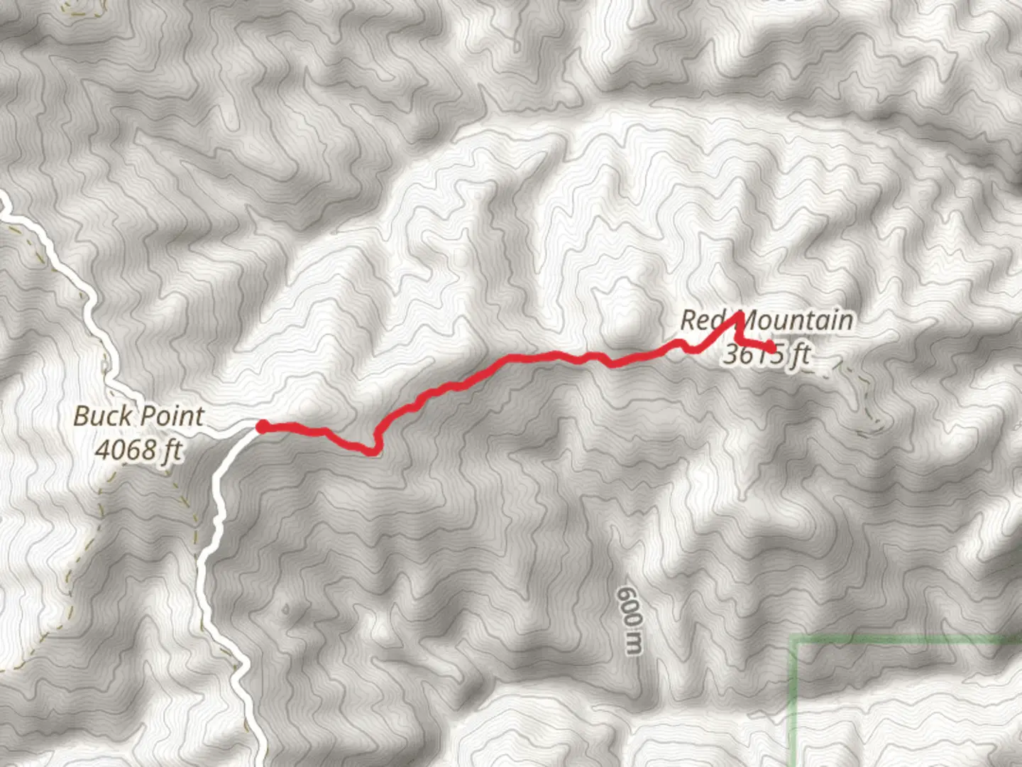 An image depicting the trail Red Mountain Out and Back and its surrounding area.