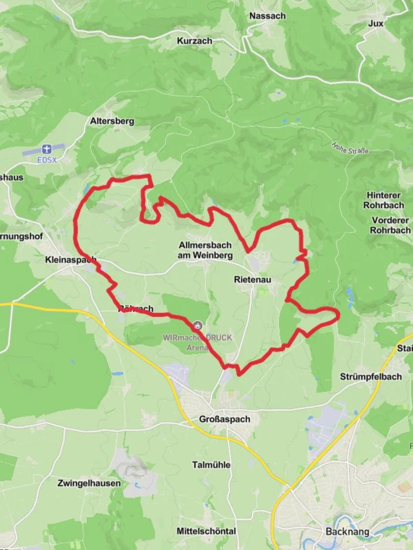 An image depicting the trail Kleinaspach and Rietenau Loop and its surrounding area.
