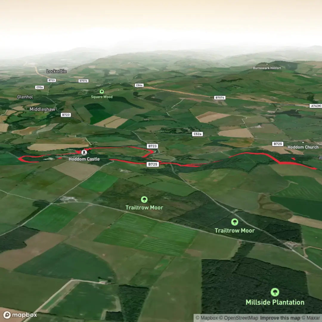 An image depicting the trail Repentance Tower,Hoddom castle and Woodcockair Loop and its surrounding area.
