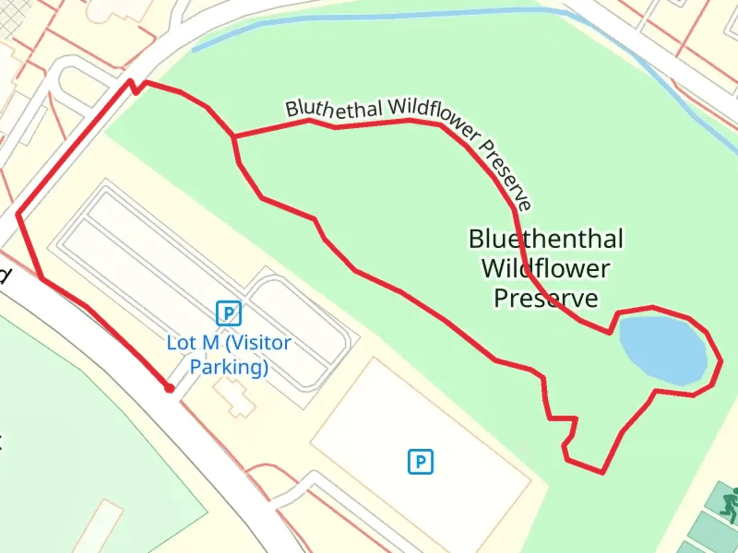 An image depicting the trail Bluethenthal Wildflower Preserve Loop and its surrounding area.