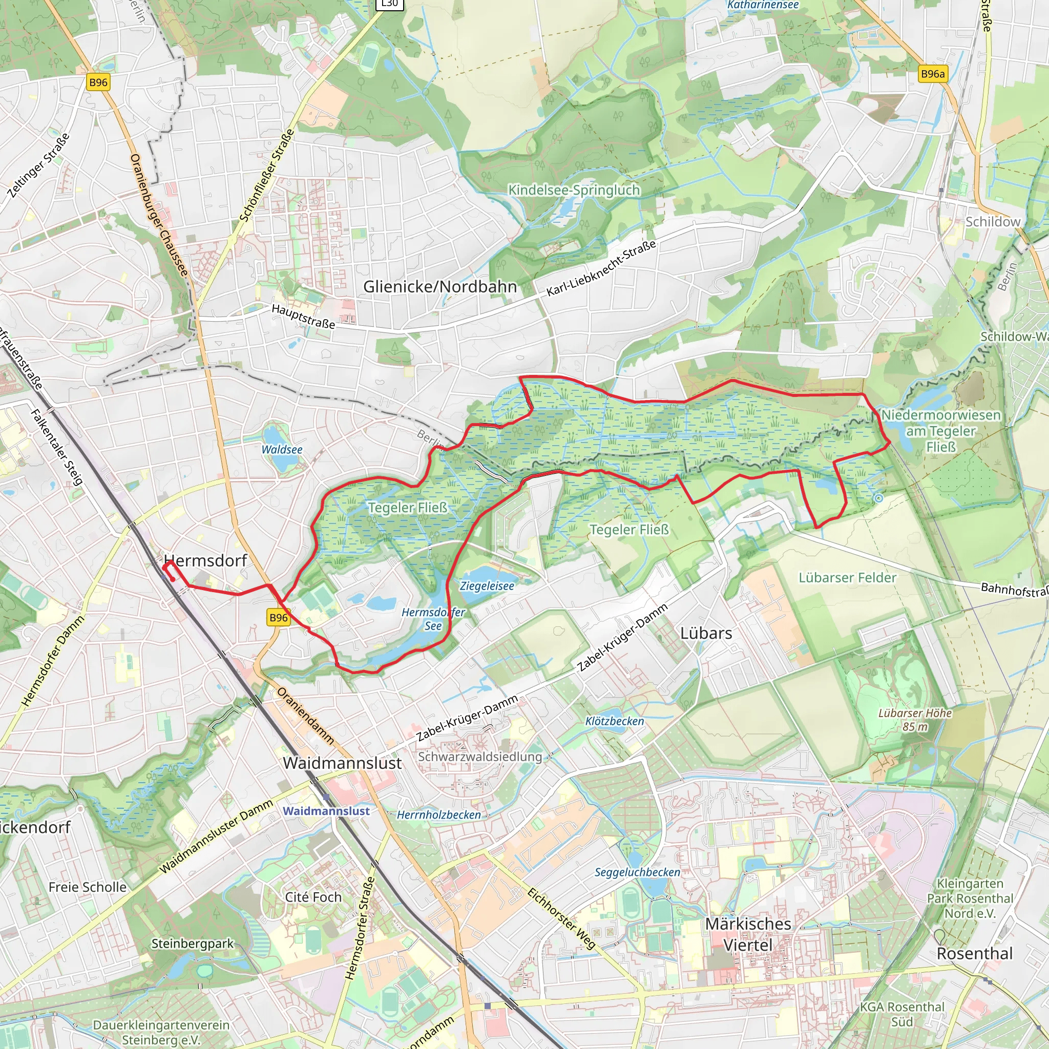 Hermsdorfer See and Ziegeleisee via Rundweg Luebars and Gruener Balken Tegeler Fliesstalweg mobile static map