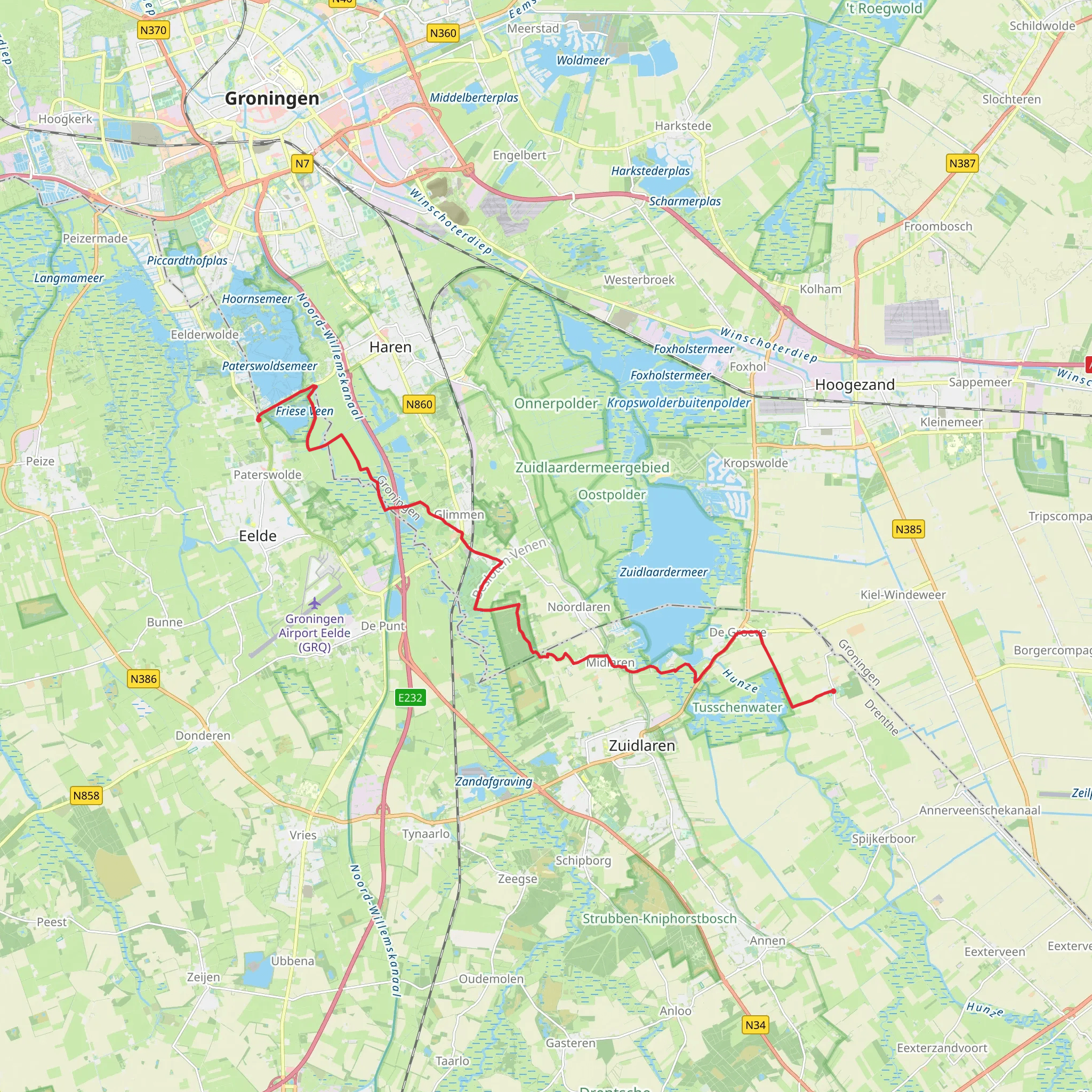 Eelde-Paterswolde to Zuidlaarderveen via Meerweg, Zuidlaarderweg and Pollseweg mobile static map