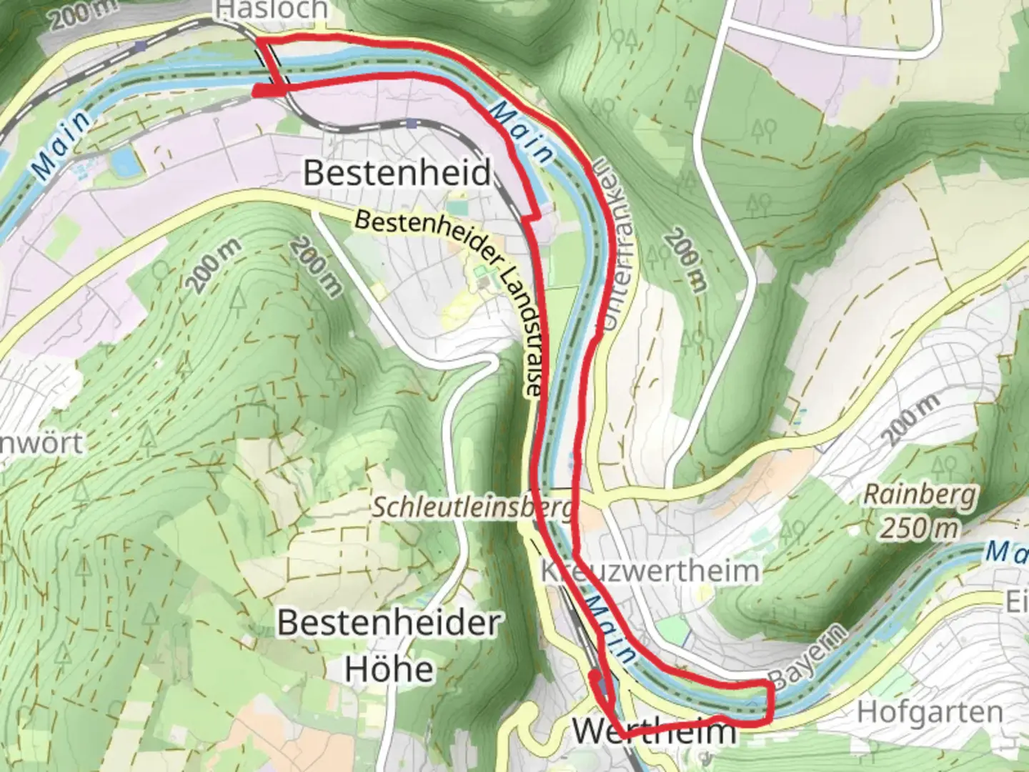 An image depicting the trail Main via Heunweg and Mainweg Teil 7 and its surrounding area.