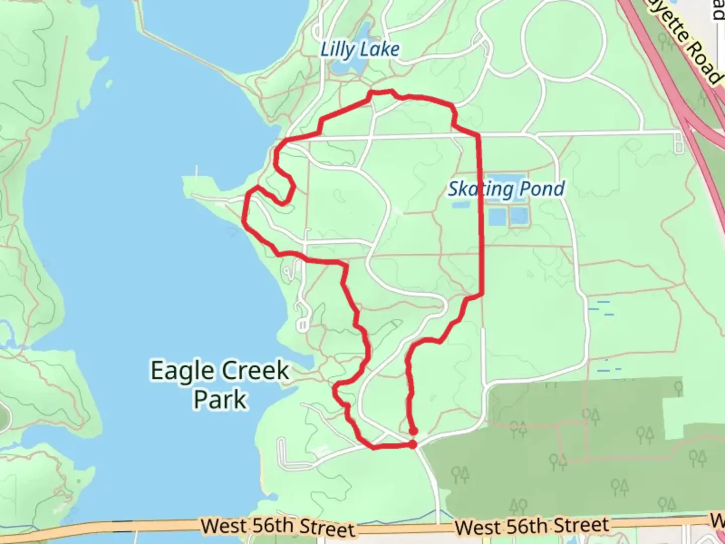 An image depicting the trail Red and Skating Pond Loop Trail and its surrounding area.
