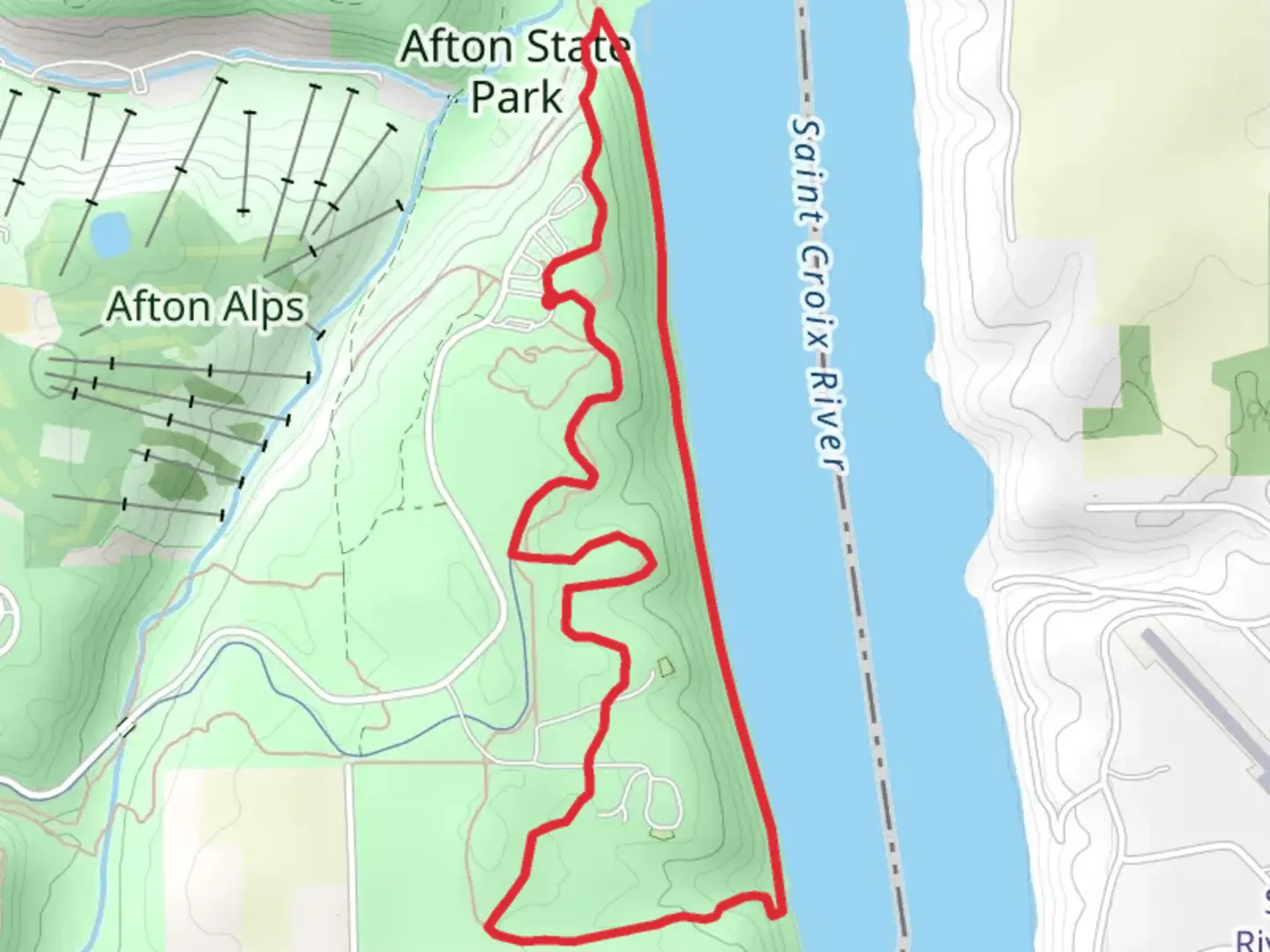 An image depicting the trail South River Loop Trail from Afton State Park and its surrounding area.