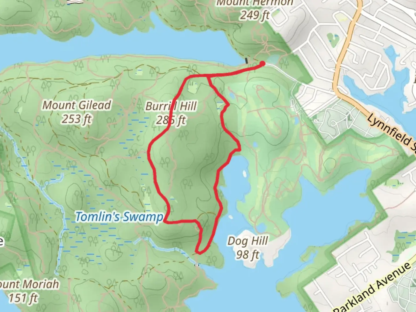 An image depicting the trail Burrill Hill and Cornel Path Loop and its surrounding area.