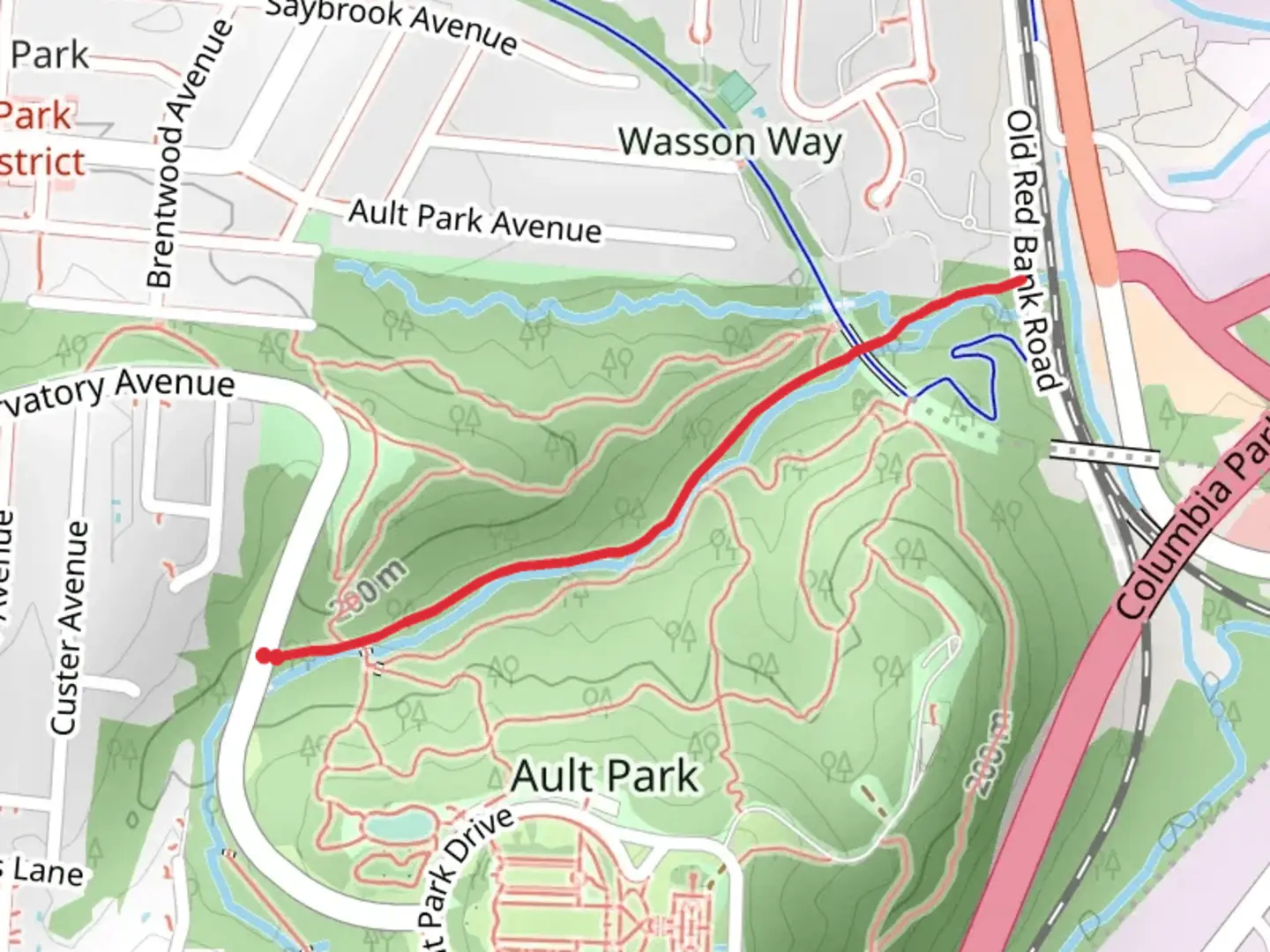 An image depicting the trail Duck Creek from Observatory Avenue and its surrounding area.