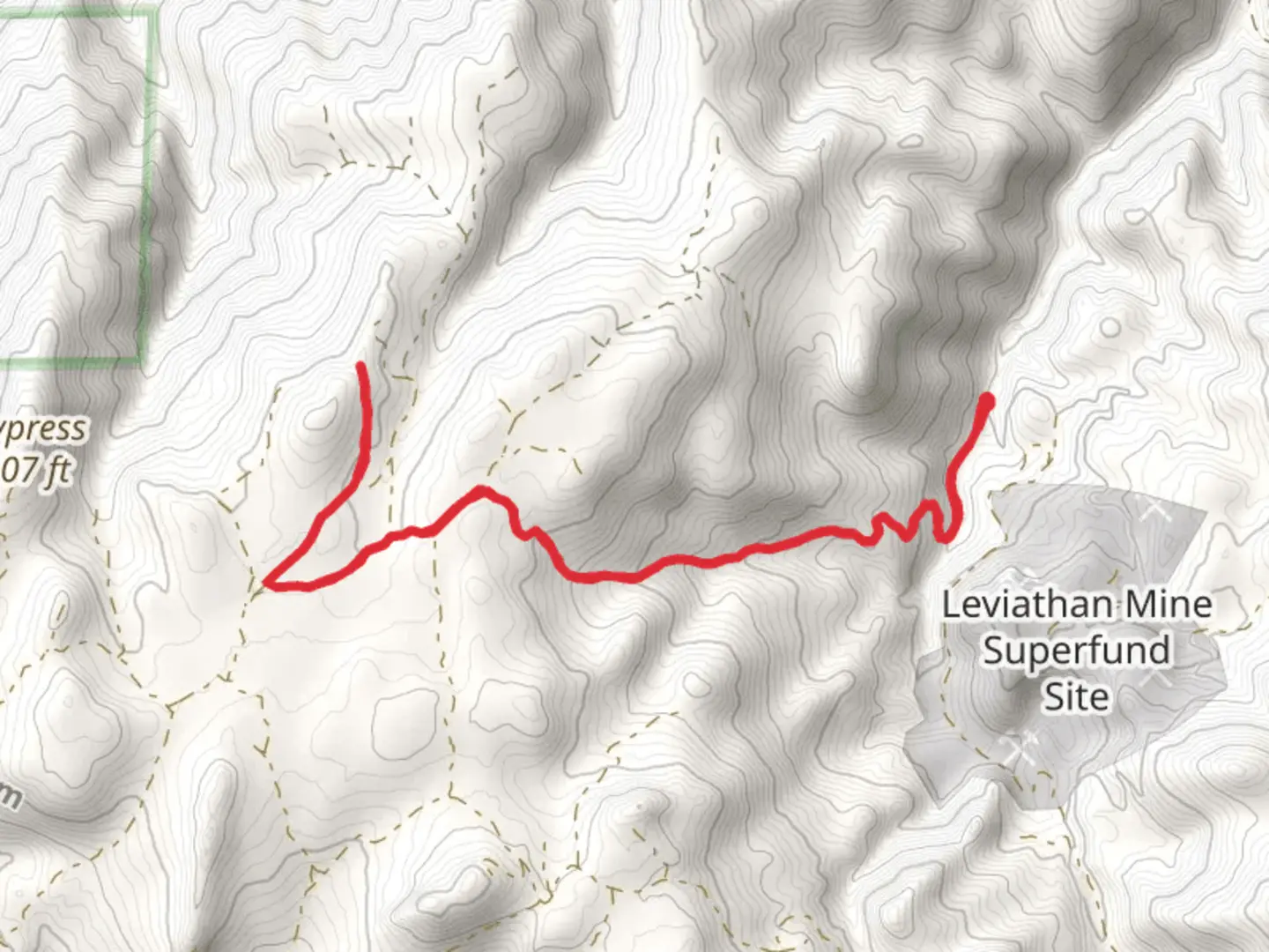 An image depicting the trail Leviathan Creek and Haypress Loop Road and its surrounding area.