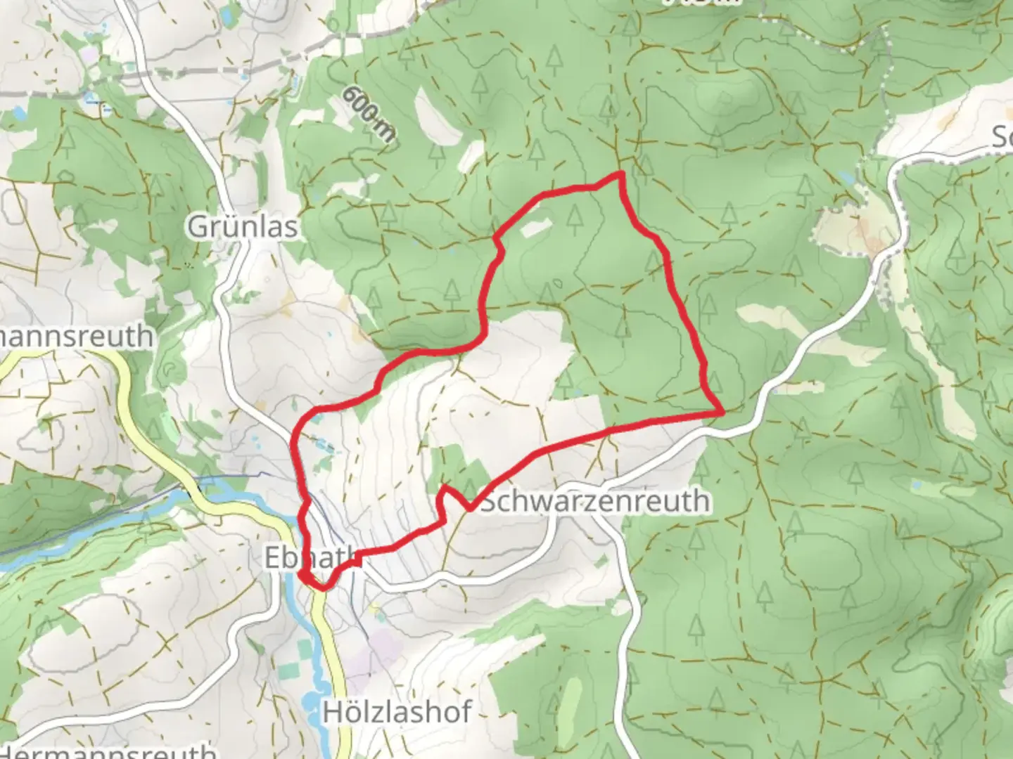 An image depicting the trail Ebnath Rundwanderweg and Neusorg Rundweg and its surrounding area.
