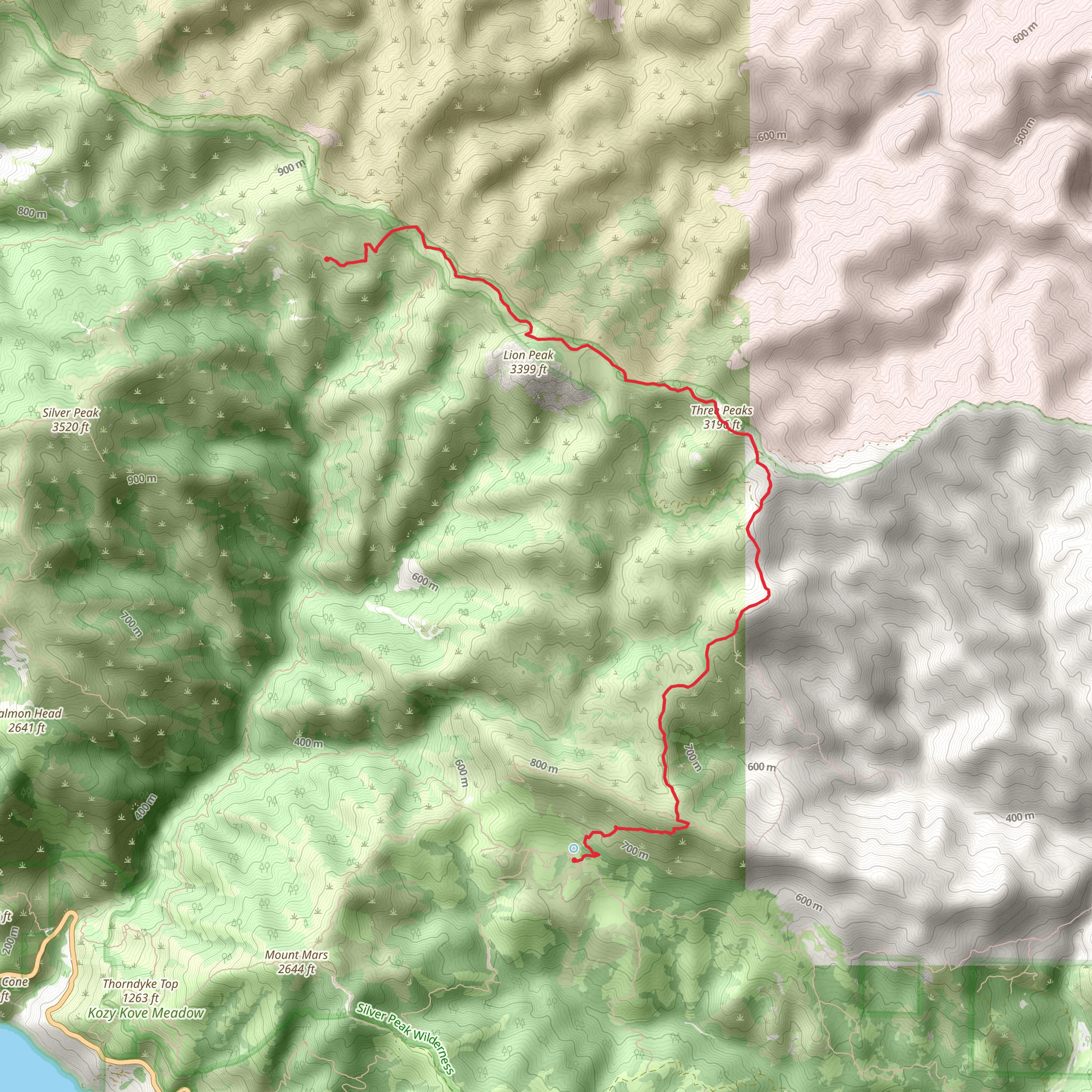 Lion Den Camp to Dutra Flat Campground via Three Peaks and Dutra Trail mobile static map