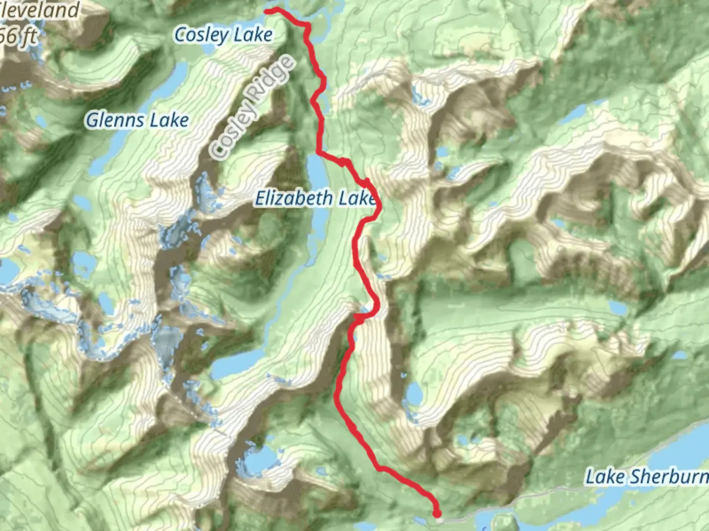 An image depicting the trail Ptarmigan Lake and Elizabeth Lake and Cosley Lake via Ptarmigan Trail and its surrounding area.