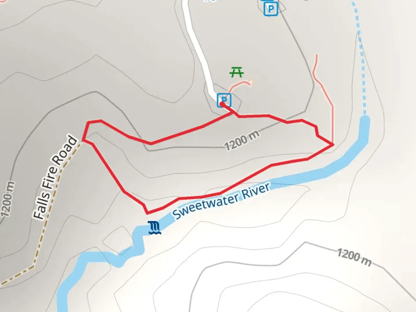 An image depicting the trail Falls Fire and Sweetwater River Loop and its surrounding area.