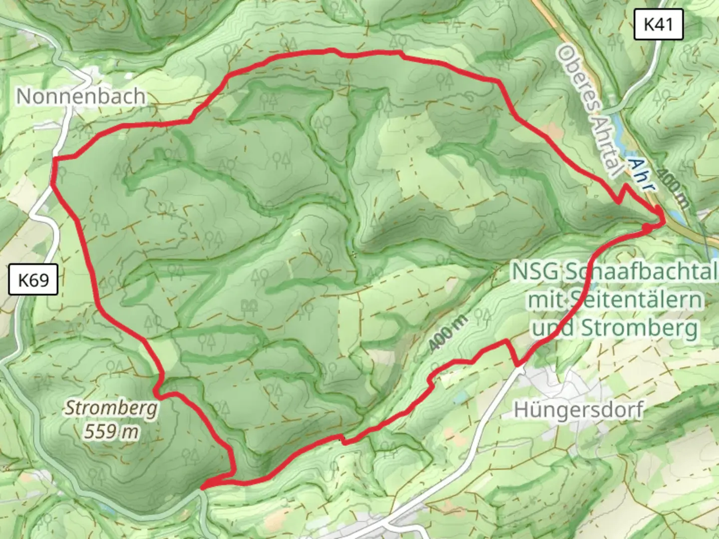 An image depicting the trail Wacholderweg and Schaafbach Loop and its surrounding area.