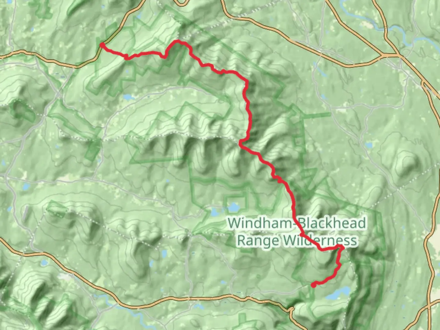 An image depicting the trail Windham High Peak to Stoppel Point via Long Path and its surrounding area.