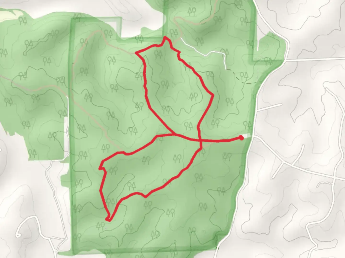 An image depicting the trail Red Trail and Green Trail Loop from Ridge Road and its surrounding area.