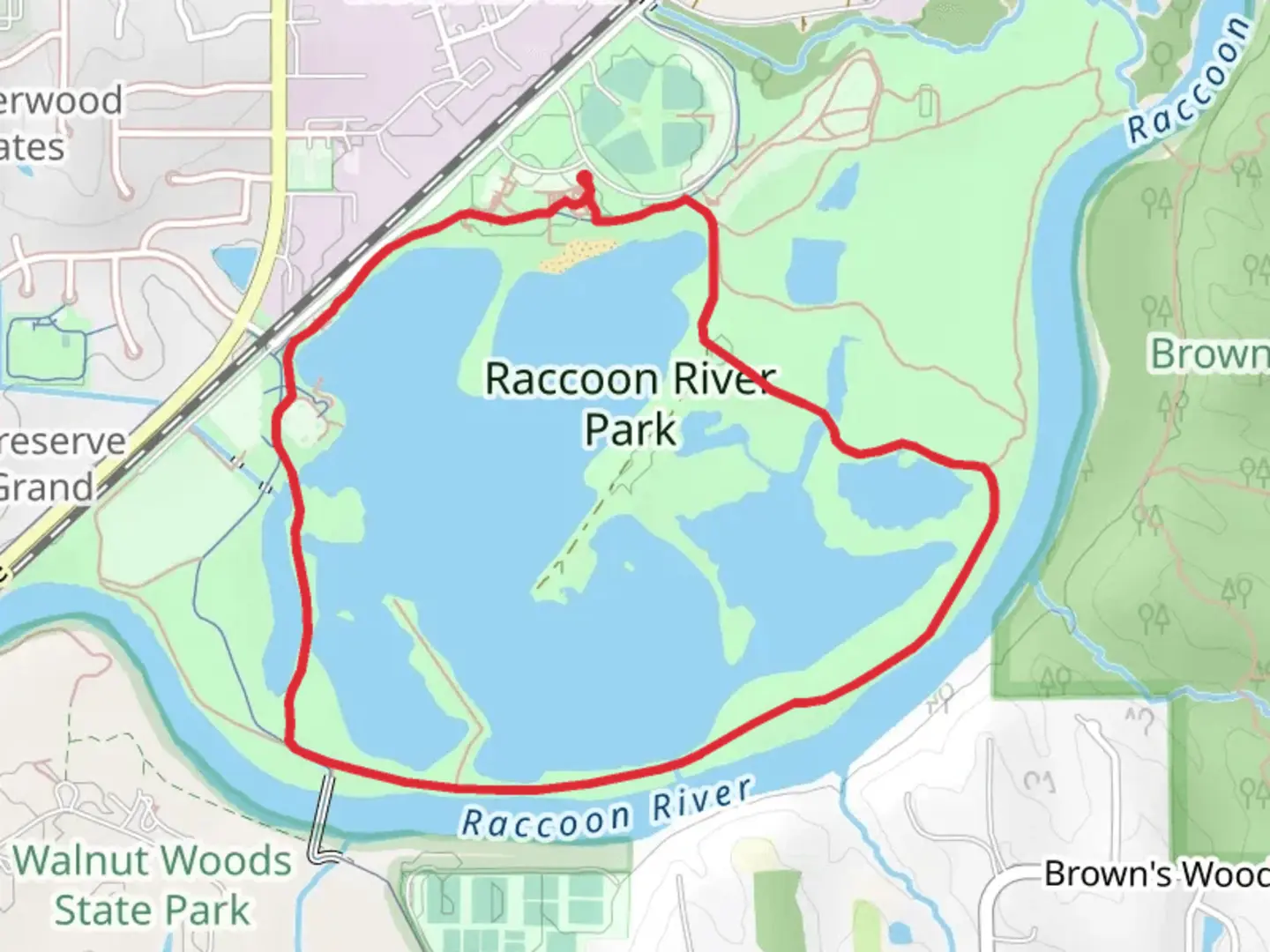An image depicting the trail Raccoon River Park Loop Trail and its surrounding area.