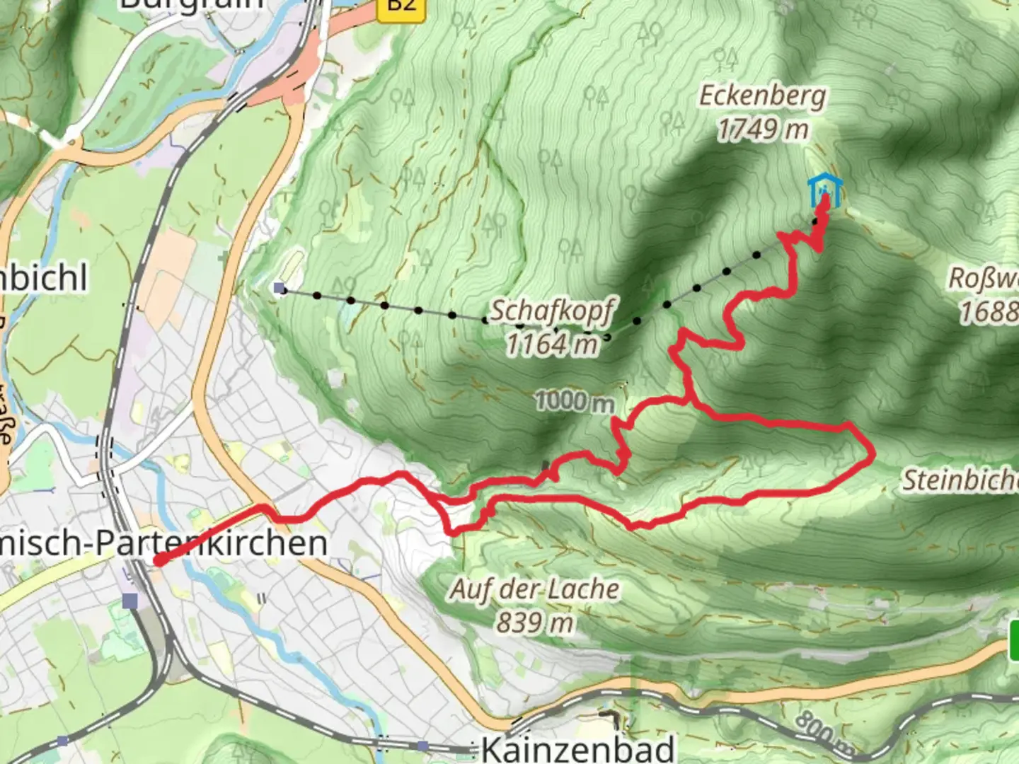 An image depicting the trail Hacker Pschorr Brucke and Wankhaus Loop and its surrounding area.