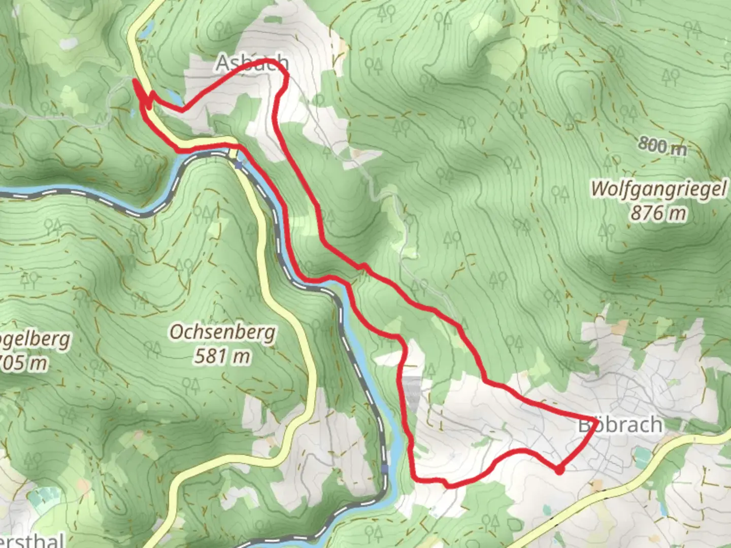 An image depicting the trail Böbracher Wanderoute and its surrounding area.