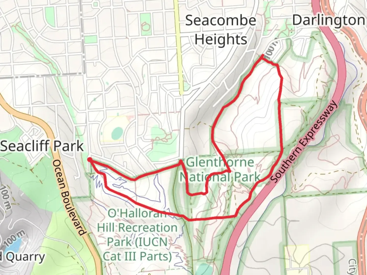An image depicting the trail Loop in O’Halloran Hill Recreation Park and its surrounding area.