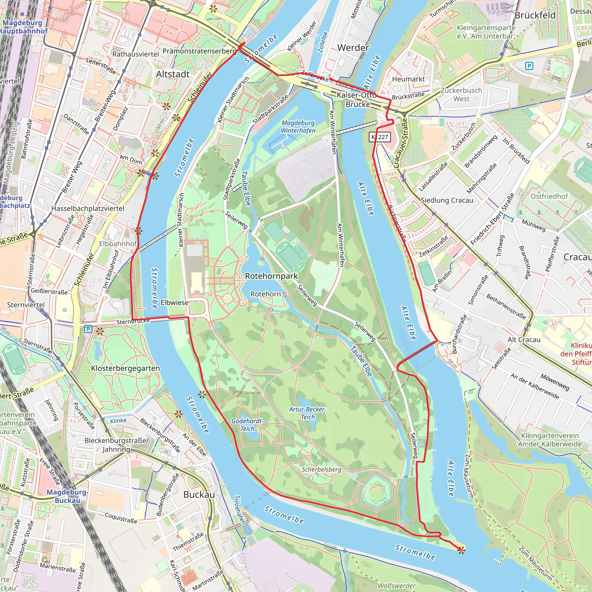 Alte Elbe and Stromelbe via Roter Punkt Magdeburg and Niemeyerweg mobile static map