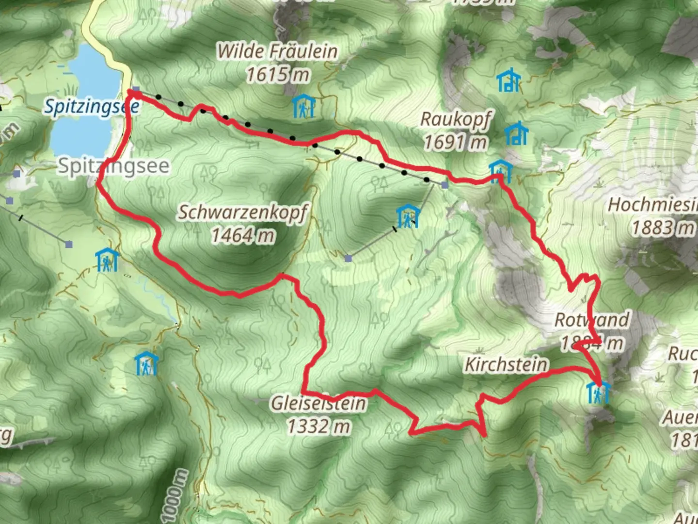 An image depicting the trail Rotwand, Miesingsattel Loop via Wanderweg 645 Spitzingsee and its surrounding area.