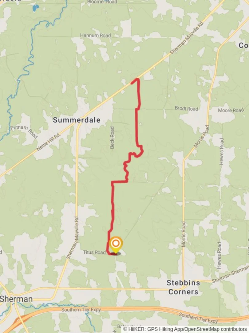An image depicting the trail Titus Road to Sherman-Mayville Road and its surrounding area.