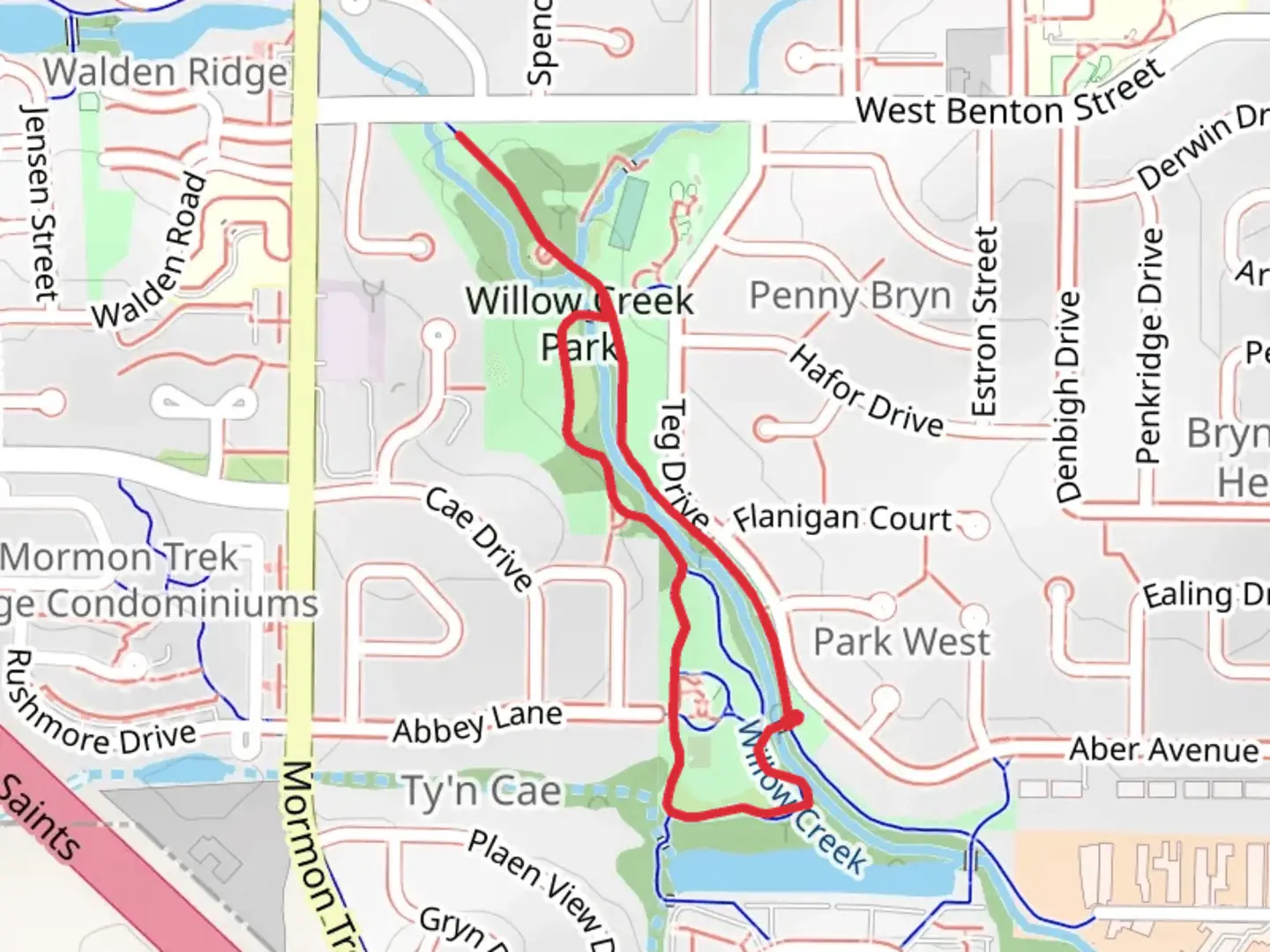 An image depicting the trail Kiwanis Park and Willow Creek Trail and its surrounding area.