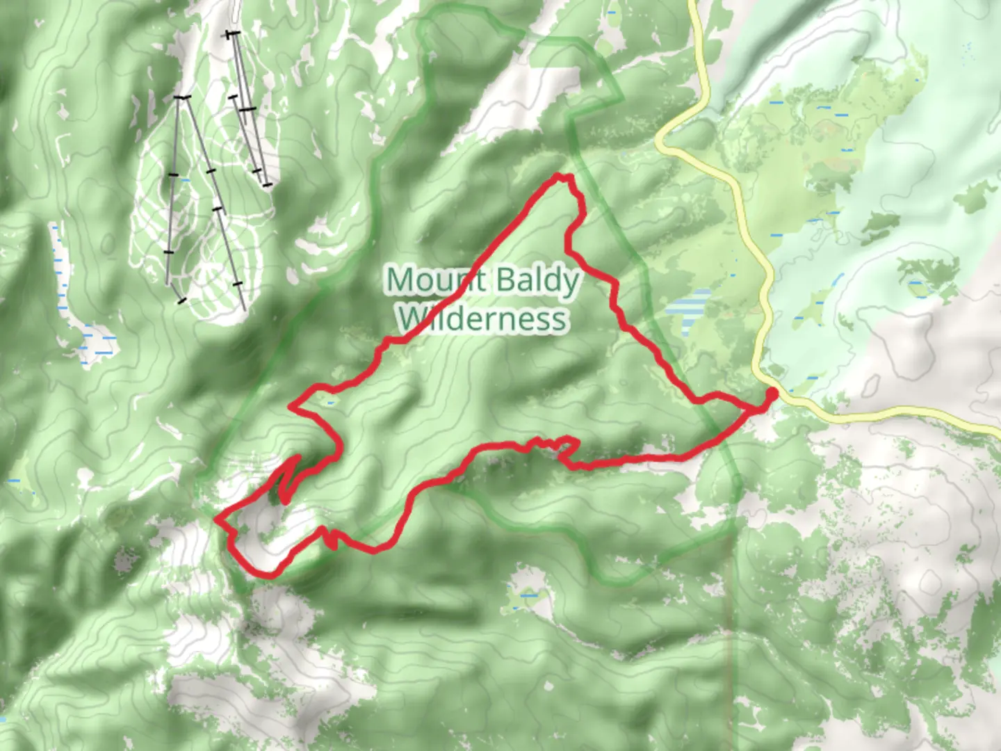An image depicting the trail Crossover Trail and East and West Baldy Trail Loop and its surrounding area.