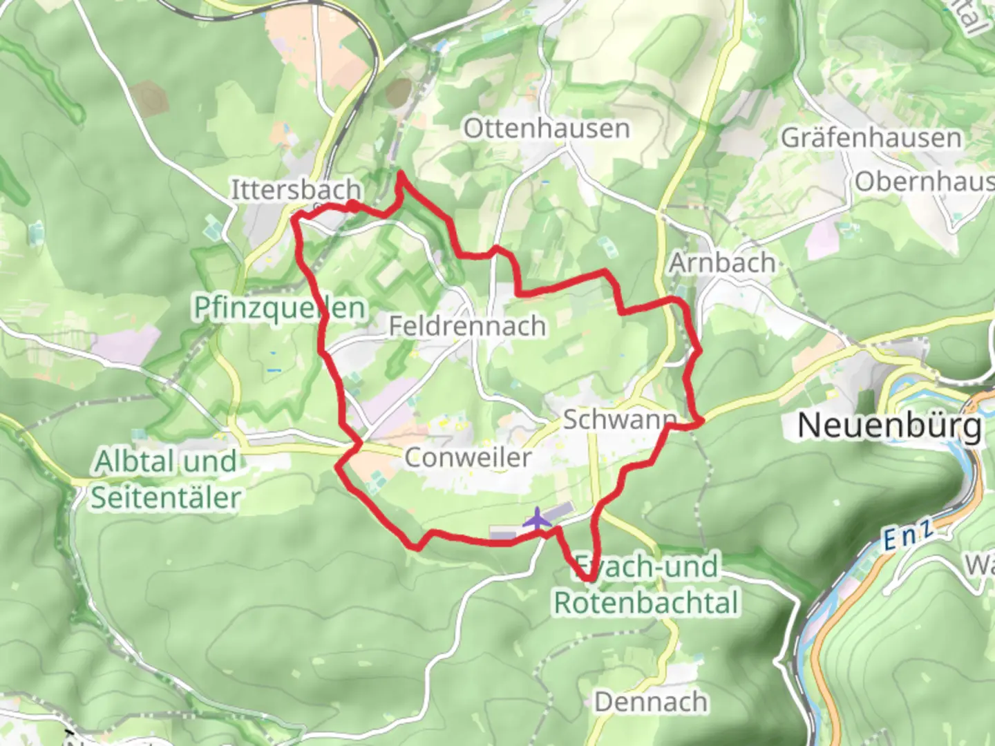 An image depicting the trail Ittersbach and Cornweiler Loop and its surrounding area.