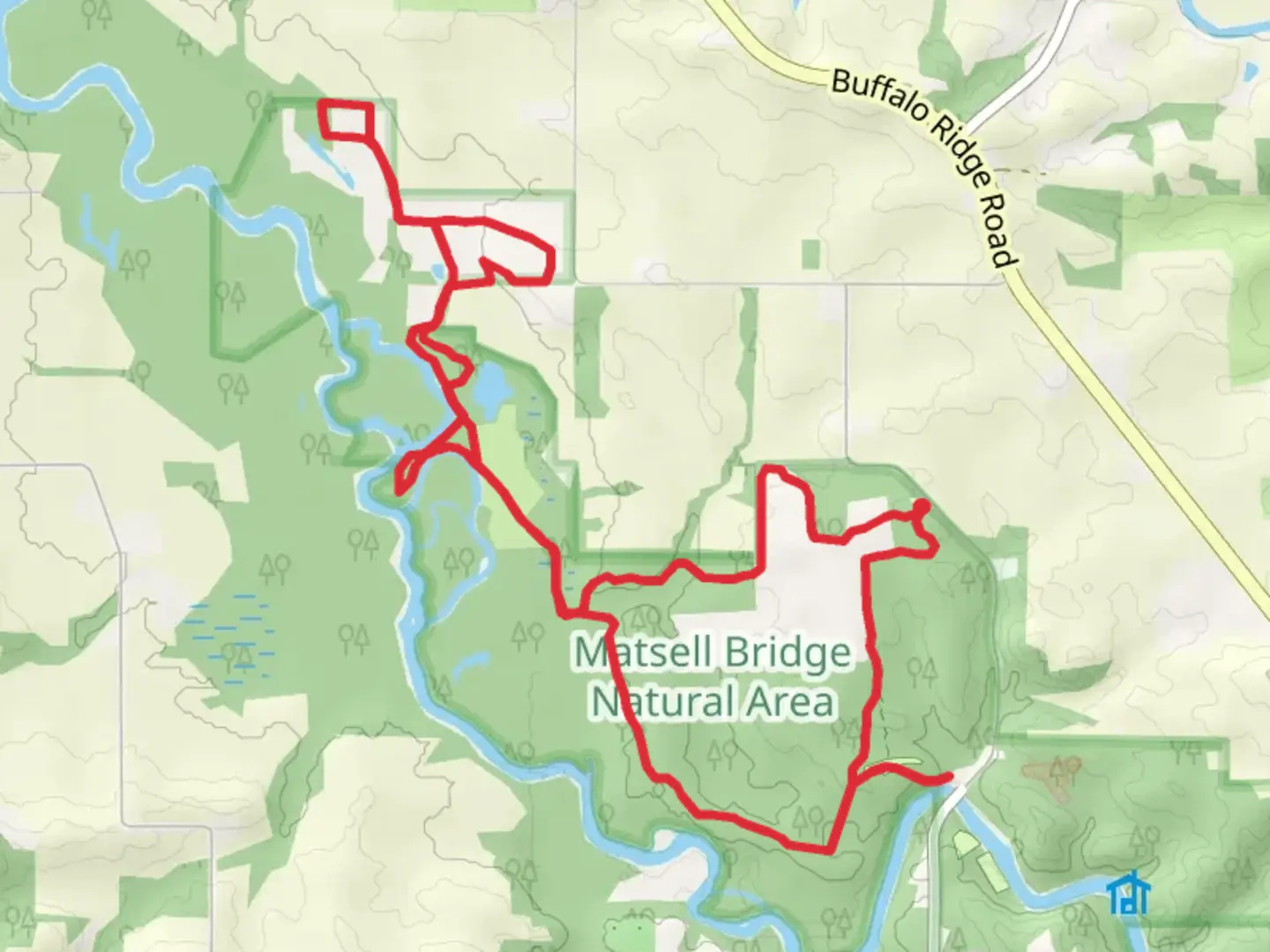 An image depicting the trail Matsell Bridge Natural Area Loop and its surrounding area.