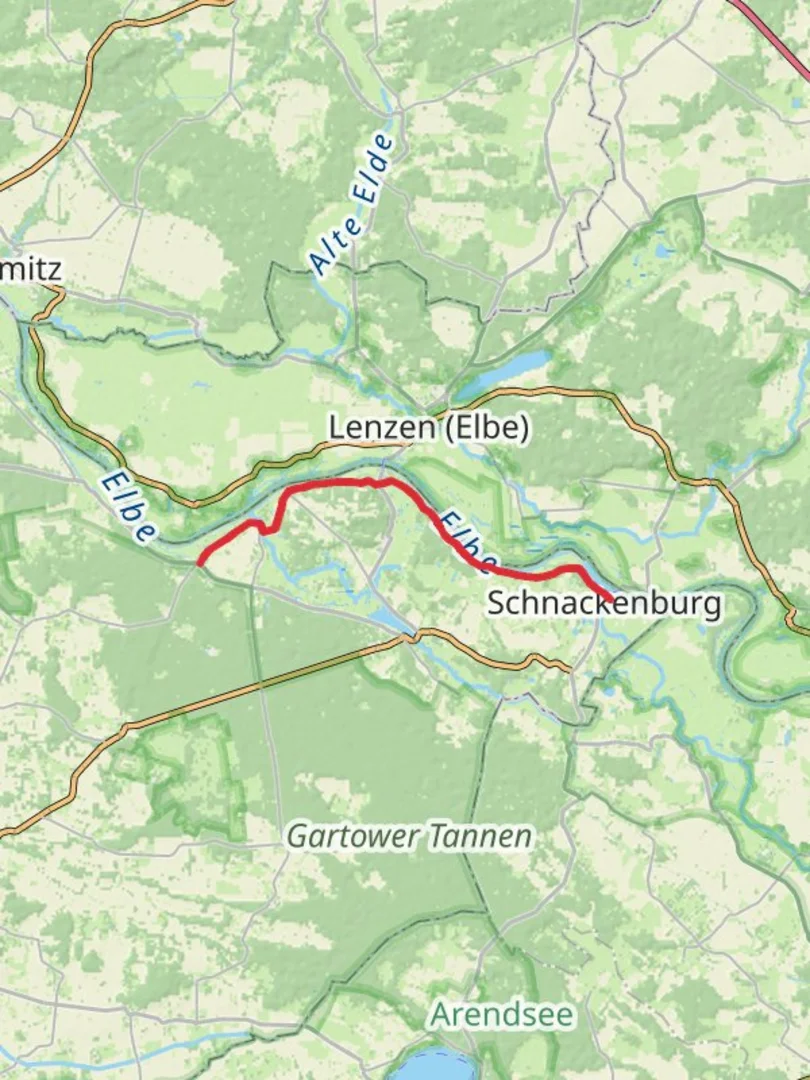 An image depicting the trail Schnackenburg to Gorleben Walk via Elbe and its surrounding area.