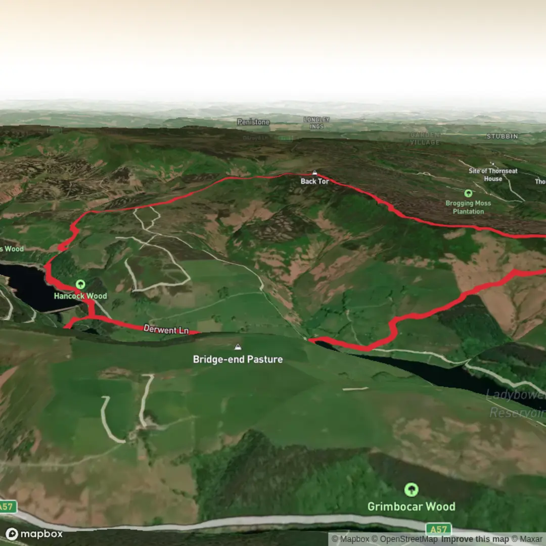 An image depicting the trail ladybower upt hills and its surrounding area.