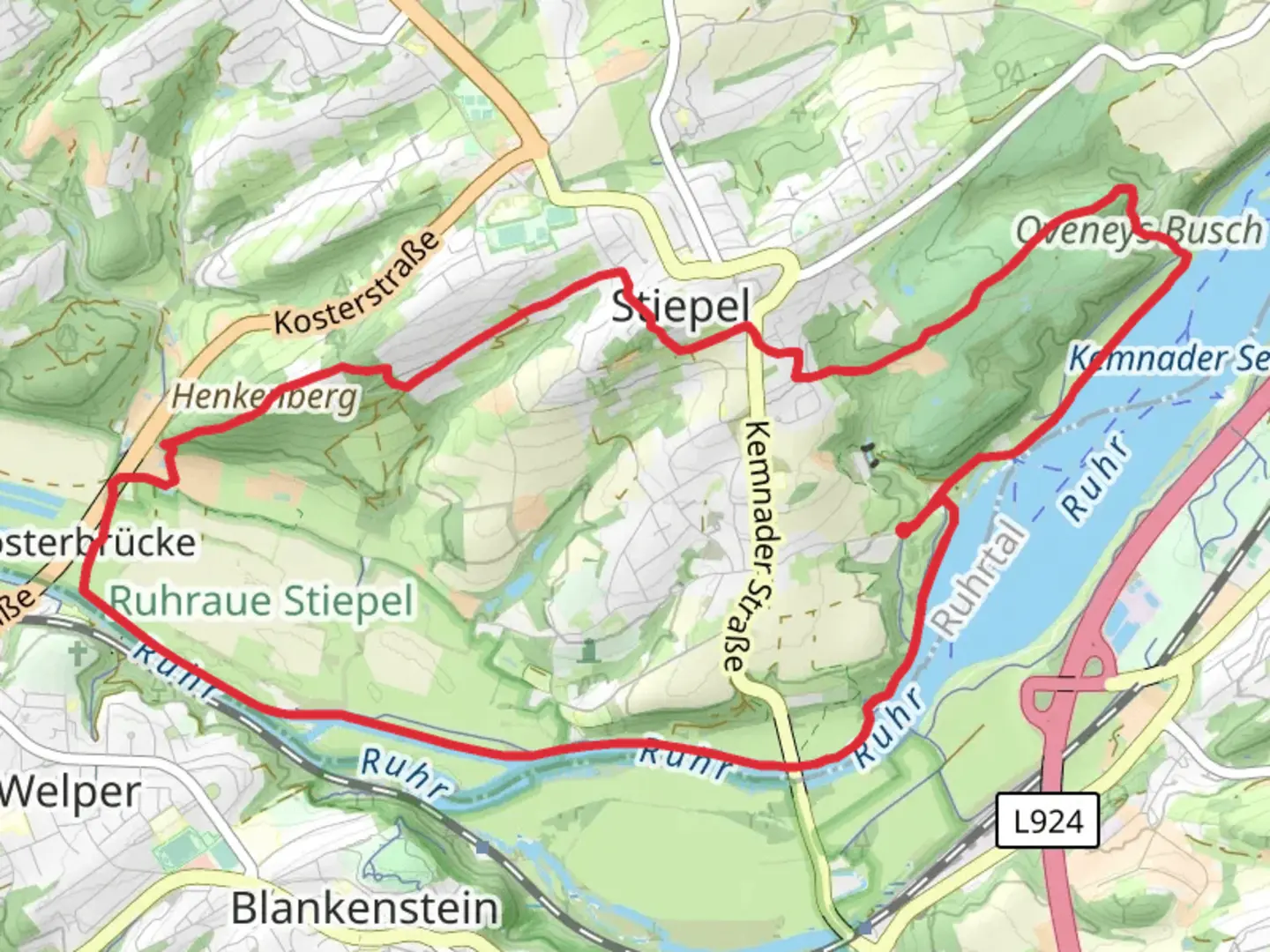 An image depicting the trail Zeche Gibraltar, Oveneys Busch and Brockhausen Loop via O Rund um Stiepel and its surrounding area.
