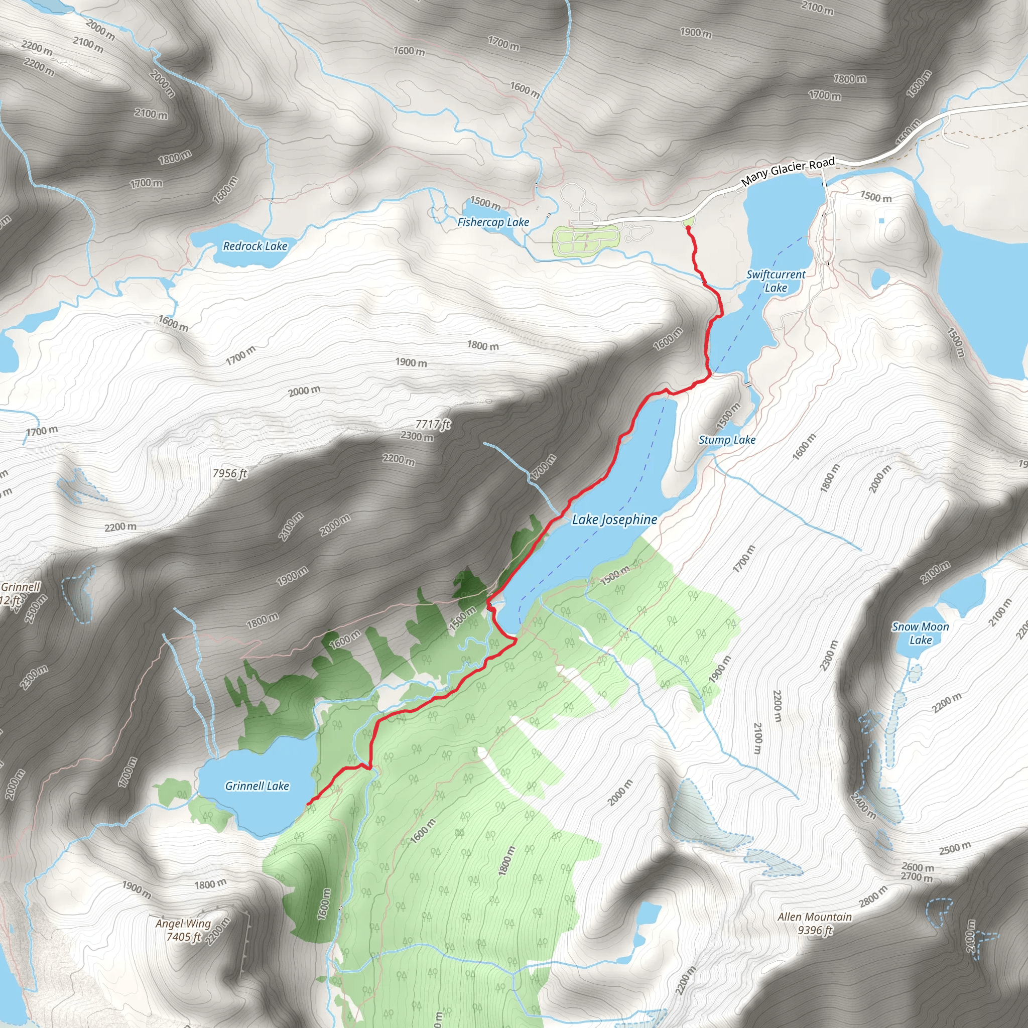 Grinnell Lake, Lake Josephine and Swiftcurrent Lake mobile static map