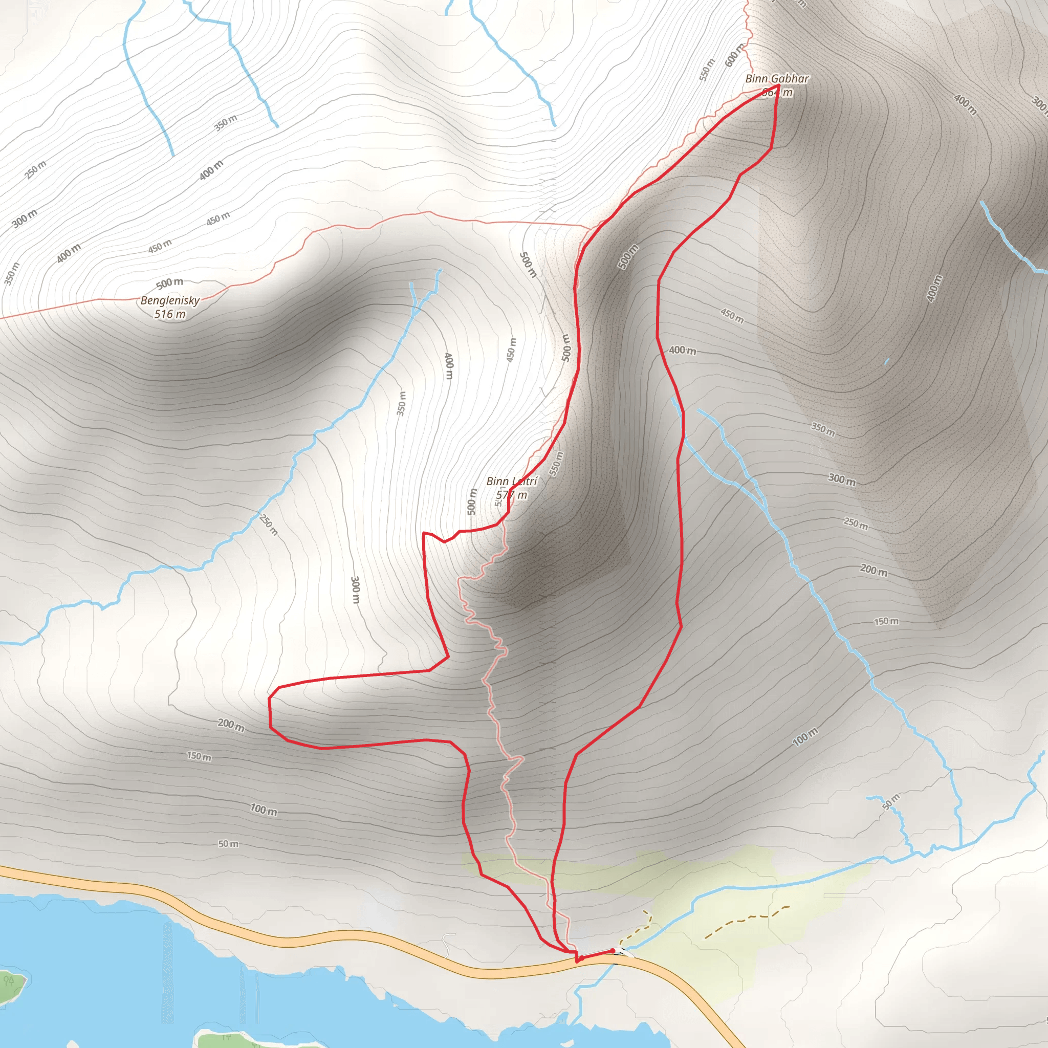 Benlettery and Binn Gabhar Loop from Ballynahinch Lake mobile static map