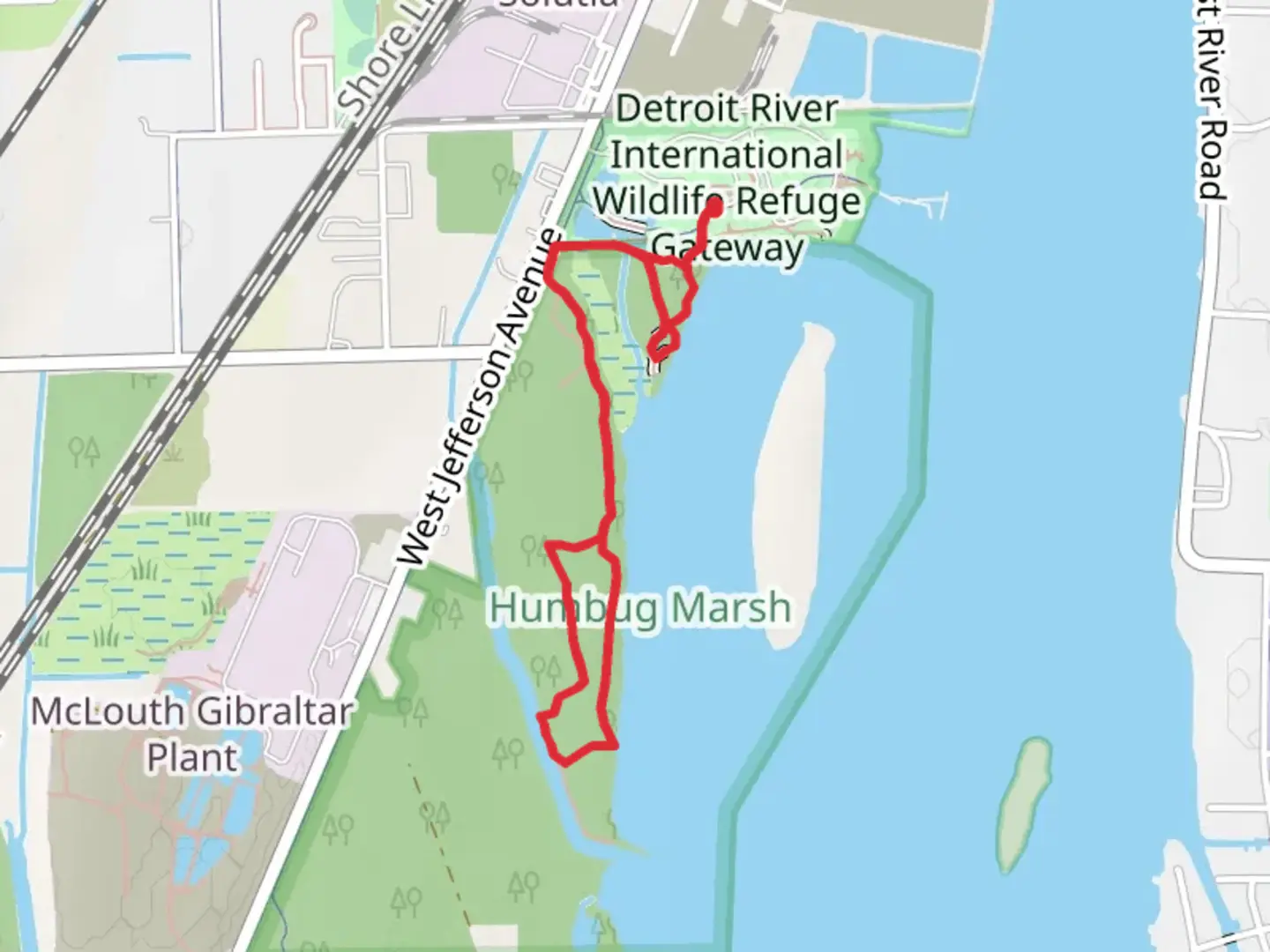 An image depicting the trail Detroit River International Wildlife Refuge Loop and its surrounding area.