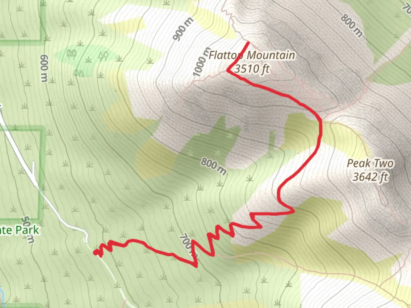 An image depicting the trail Flattop Sunnyside Trail and its surrounding area.