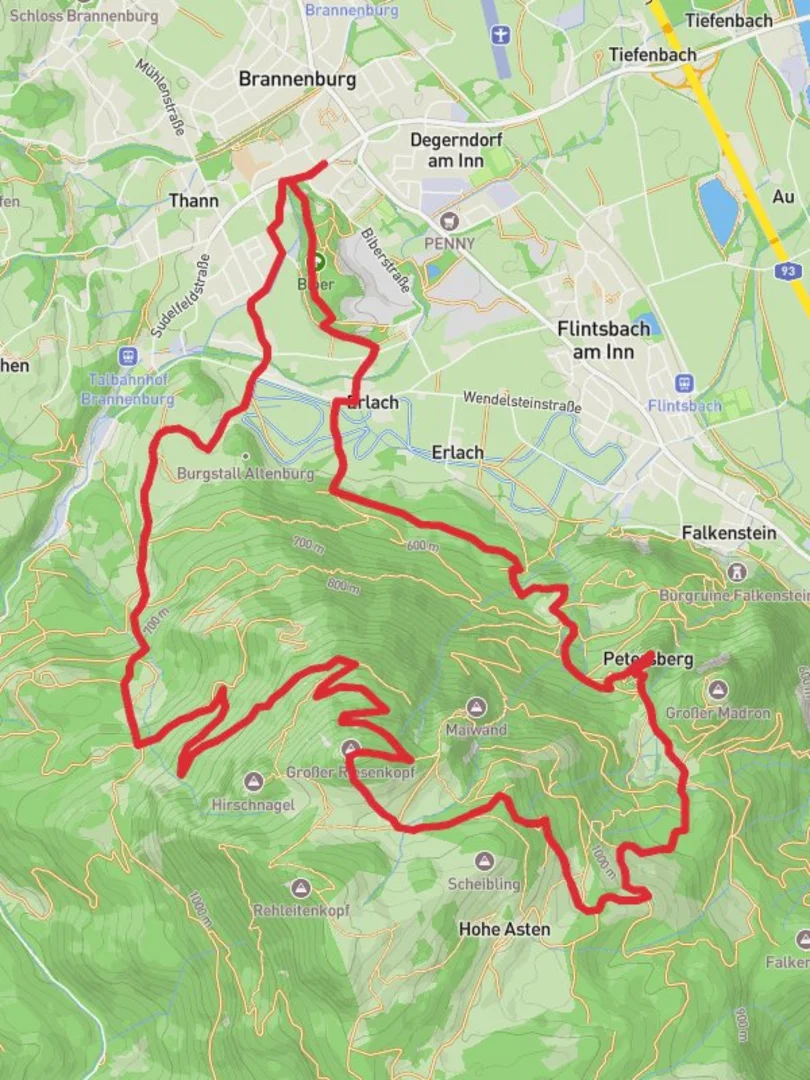 An image depicting the trail Grober Riesenkopf Loop via Brannenberg and its surrounding area.
