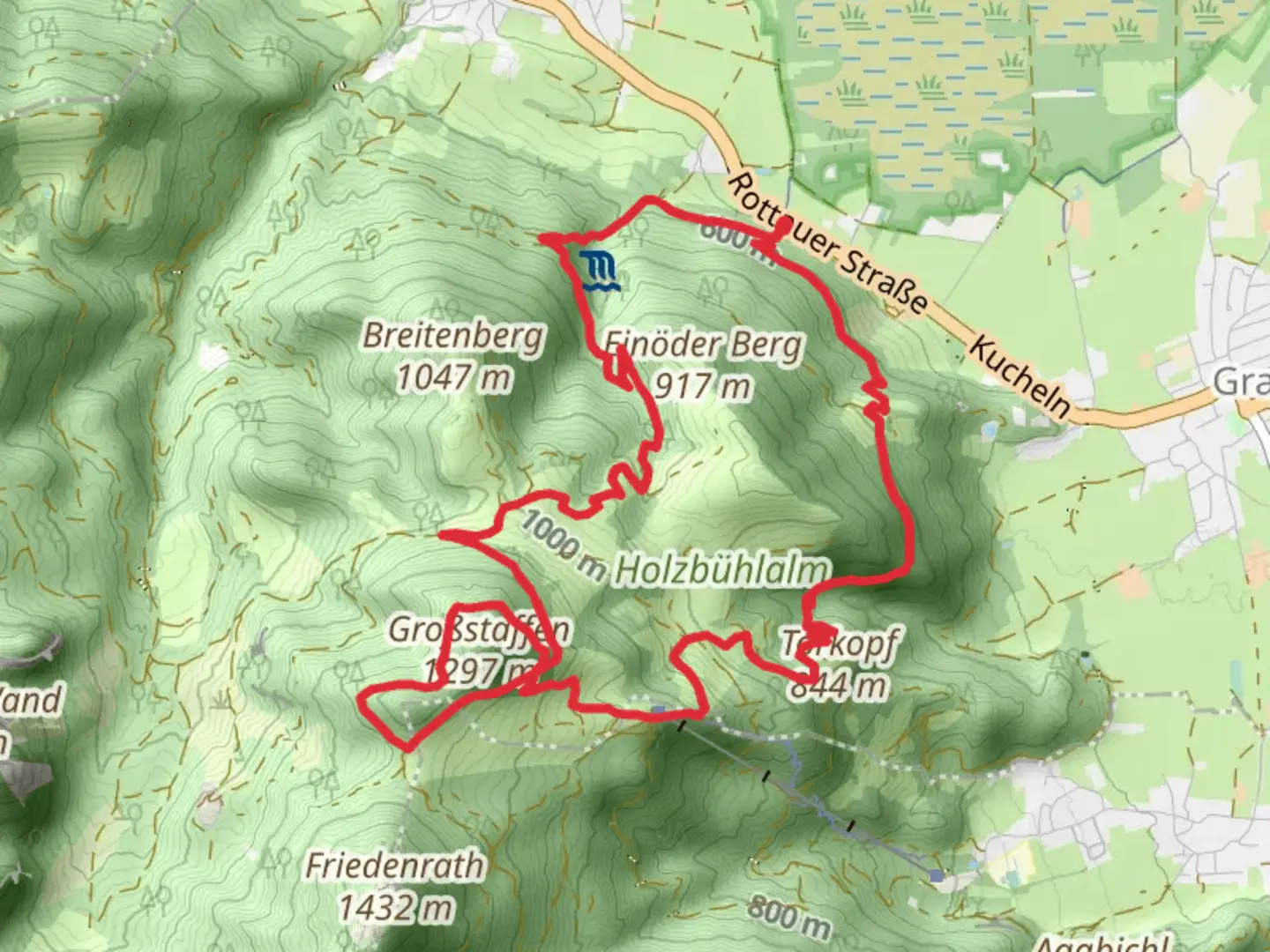 An image depicting the trail Bergwalderlebnisweg Staffena and Genial Vital and its surrounding area.