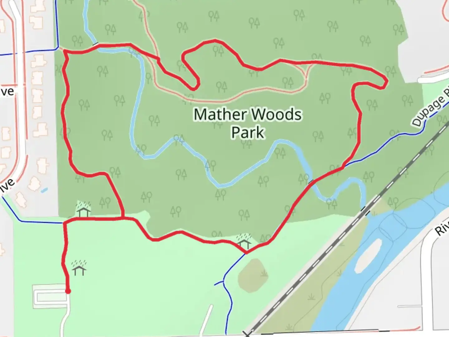 An image depicting the trail Mather Woods Park Loop and its surrounding area.