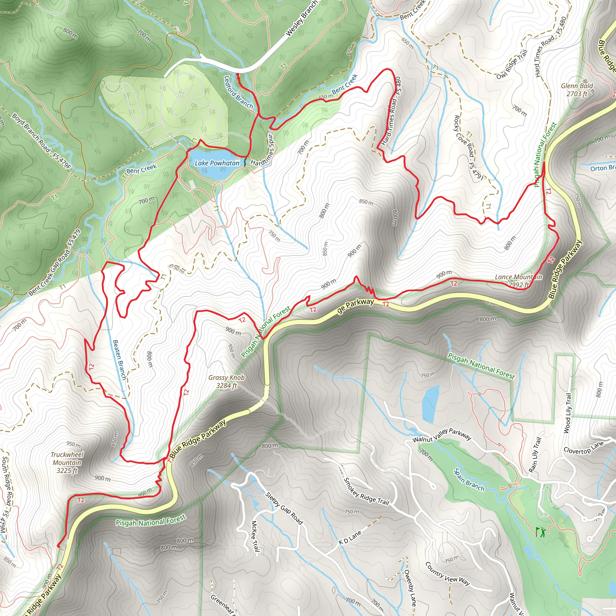 Hard Times Road, Lance Mountain, Shut-In and Lake Powhatan Loop Trail mobile static map