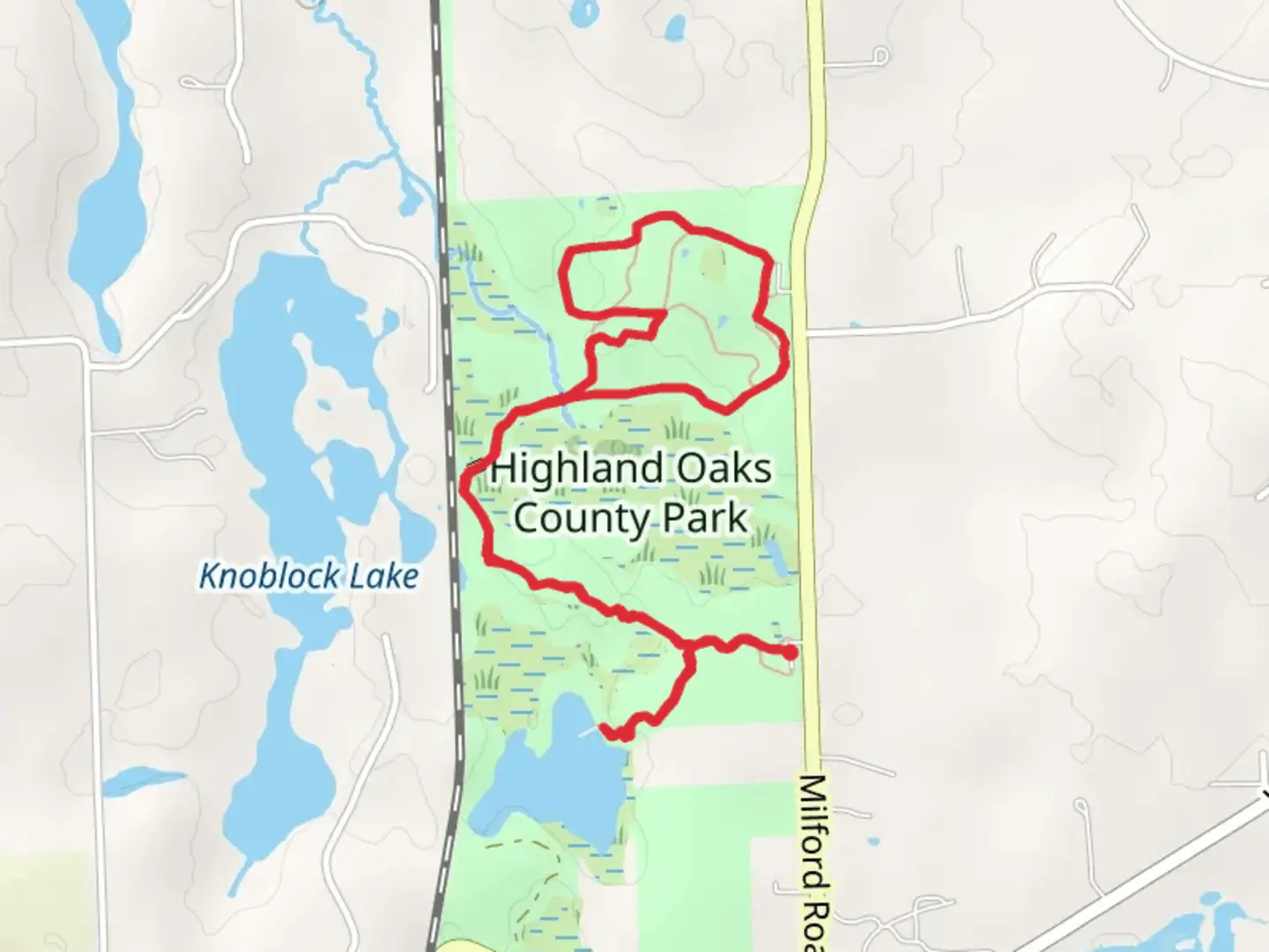 An image depicting the trail Highland Oaks County Park Loop and its surrounding area.
