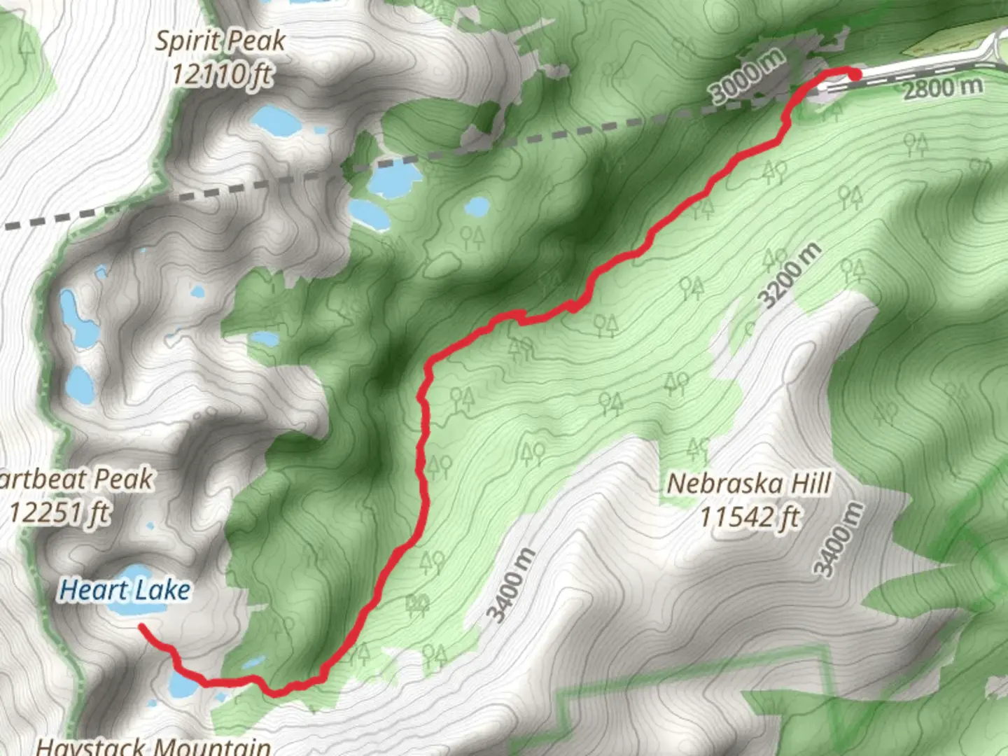 An image depicting the trail Heart Lake and Rogers Pass Lake via South Boulder Creek Trail and its surrounding area.